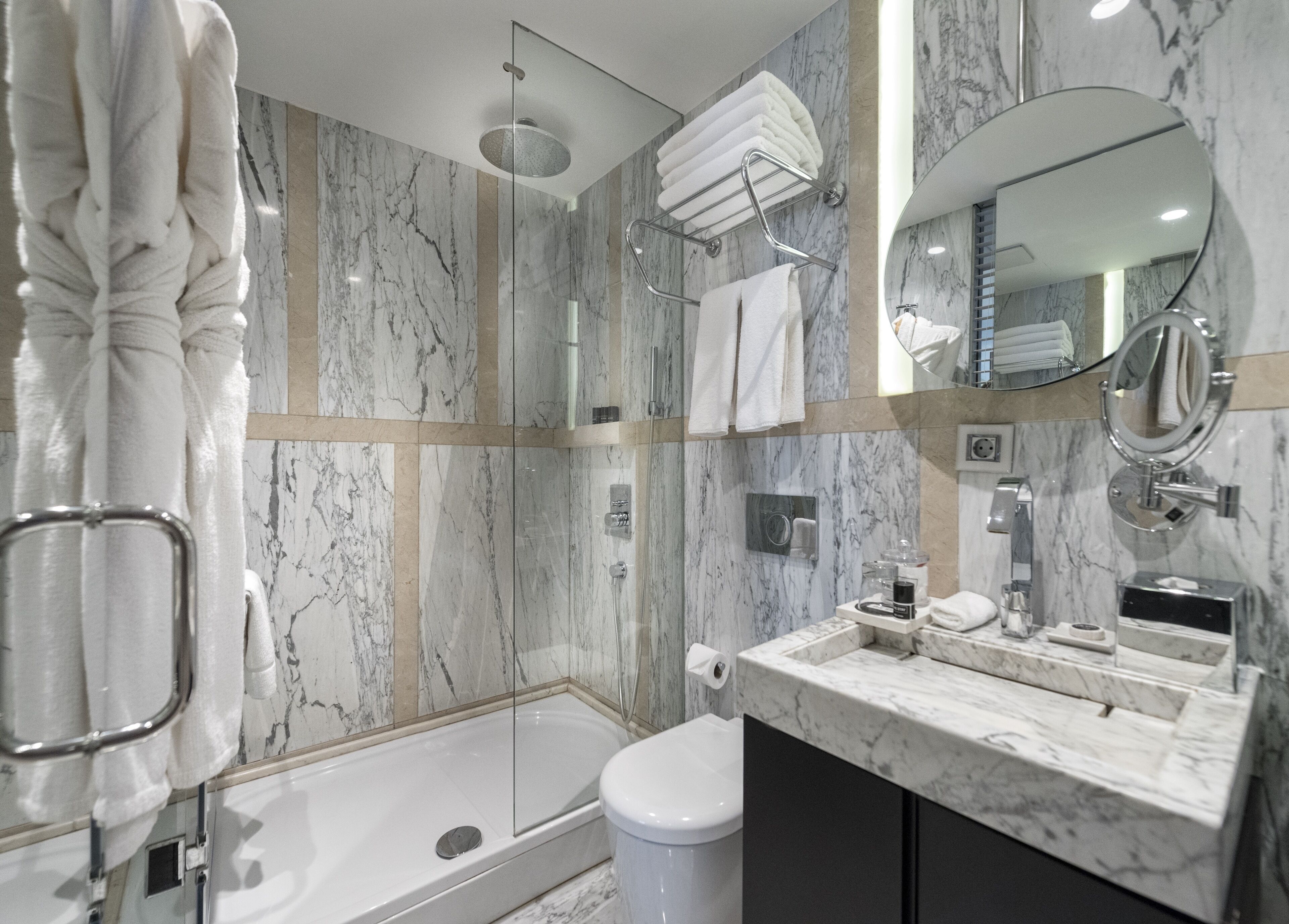 shower, rainfall showerhead, designer toiletries, hair dryer