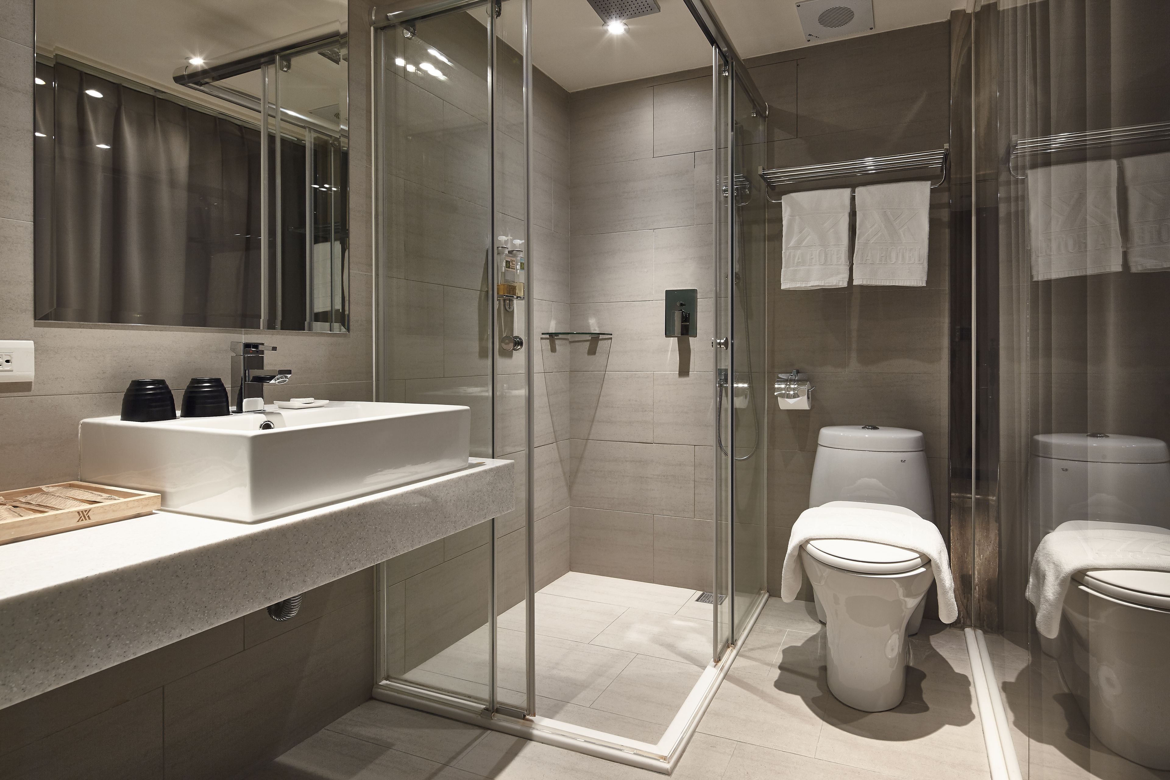 shower, rainfall showerhead, hair dryer, slippers