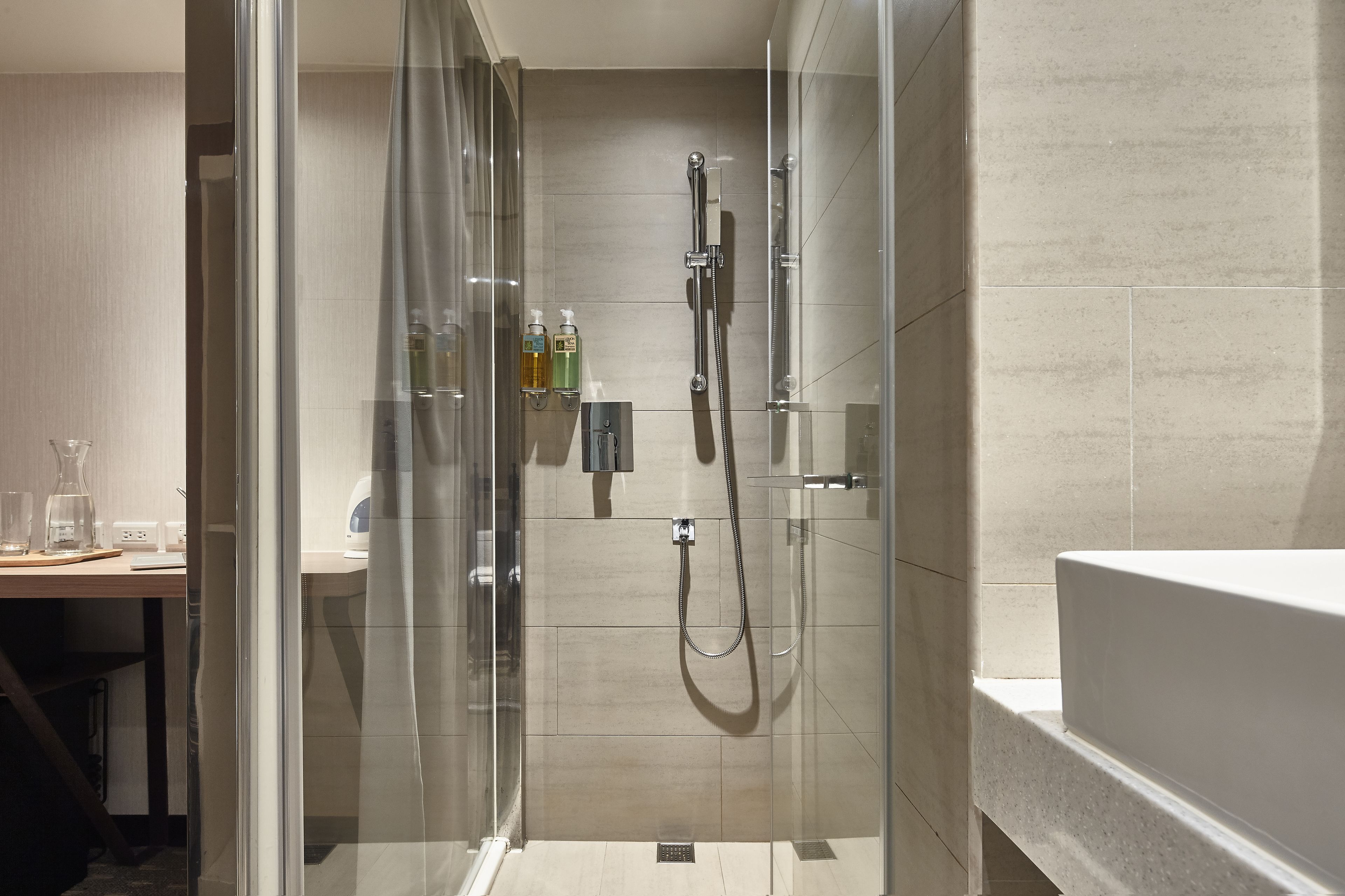 shower, rainfall showerhead, hair dryer, slippers