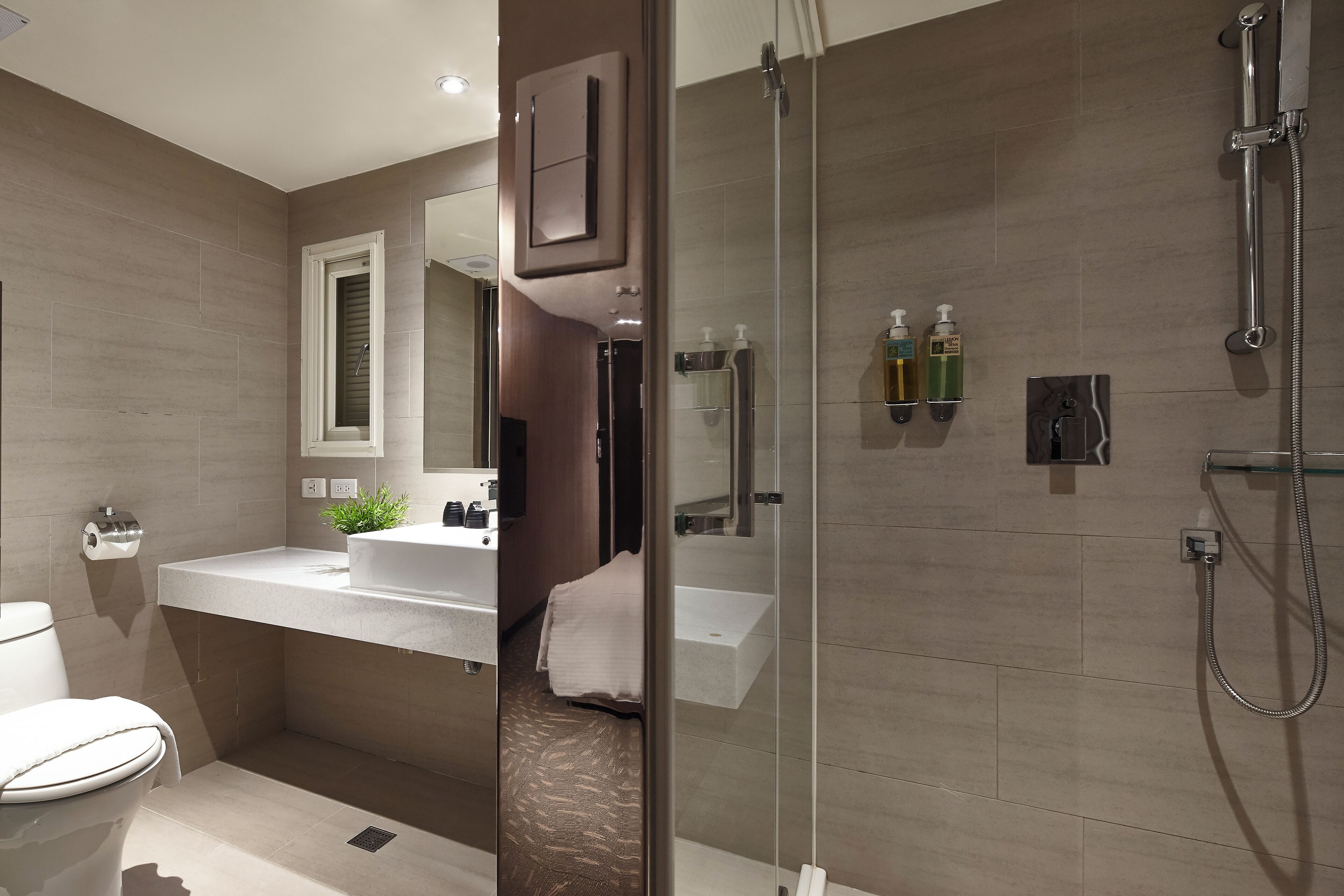 shower, rainfall showerhead, hair dryer, slippers