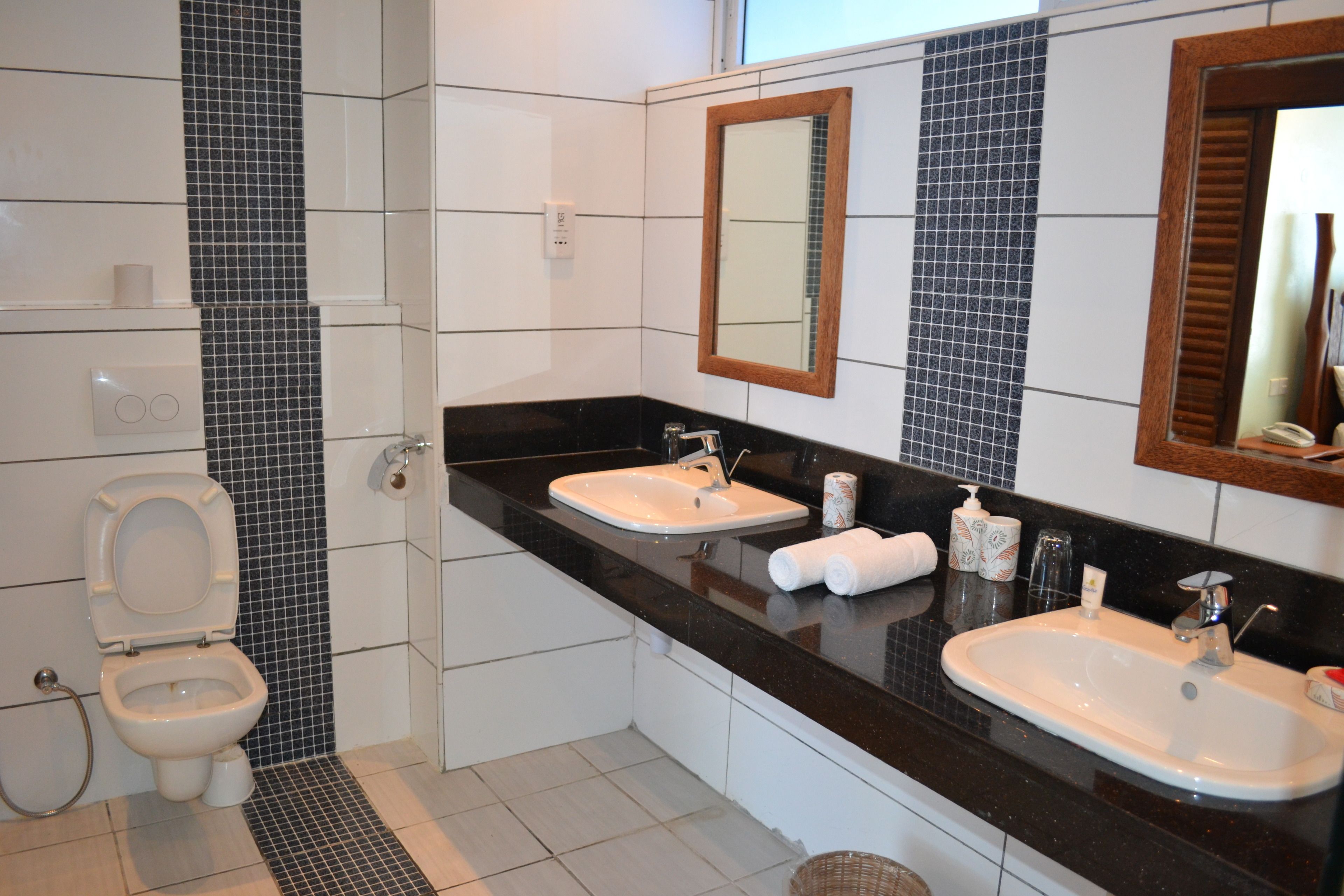 A bathroom with two sinks, a toilet, and a mirror.