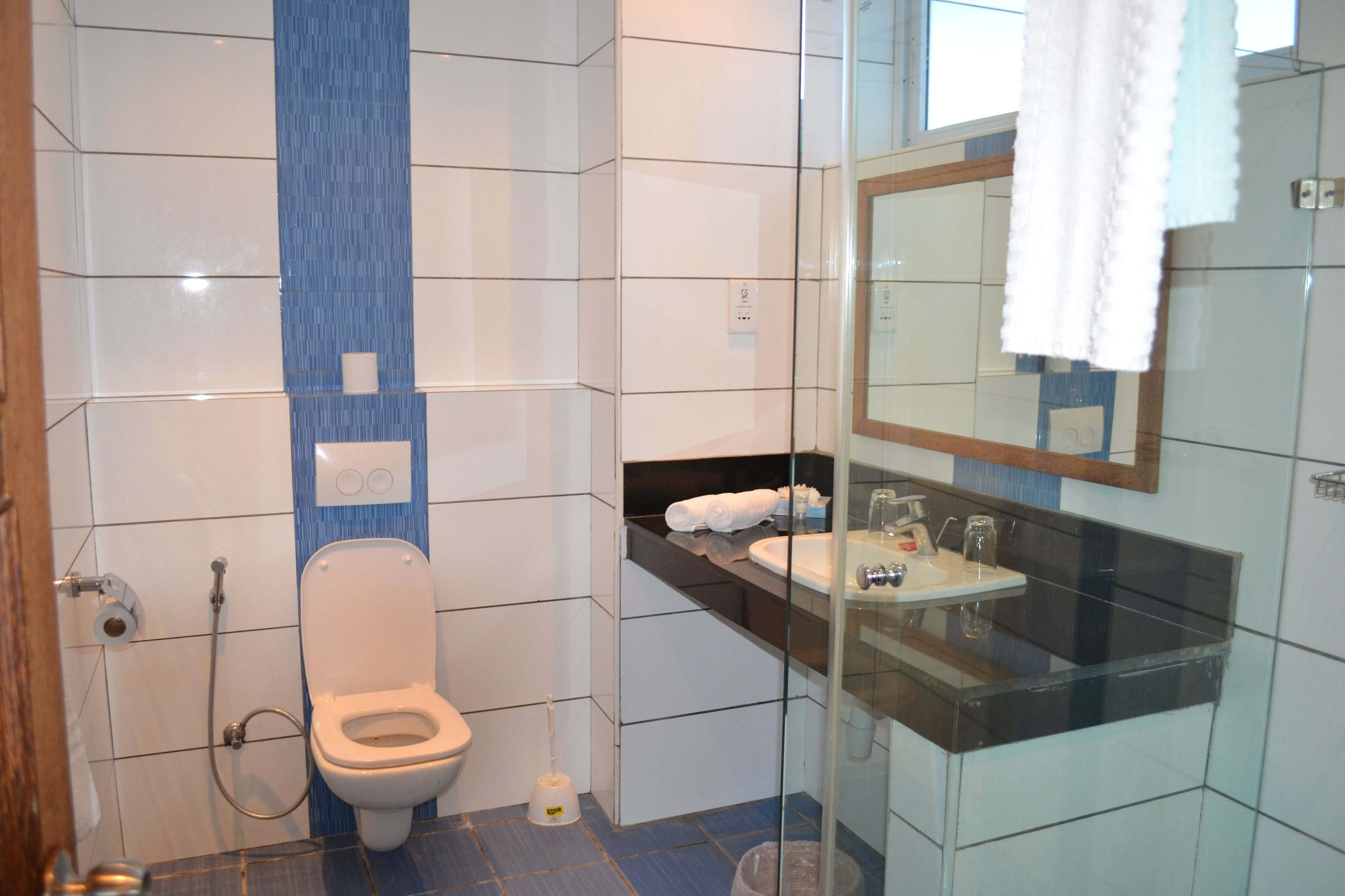 A modern bathroom with a toilet, sink, and glass shower enclosure.