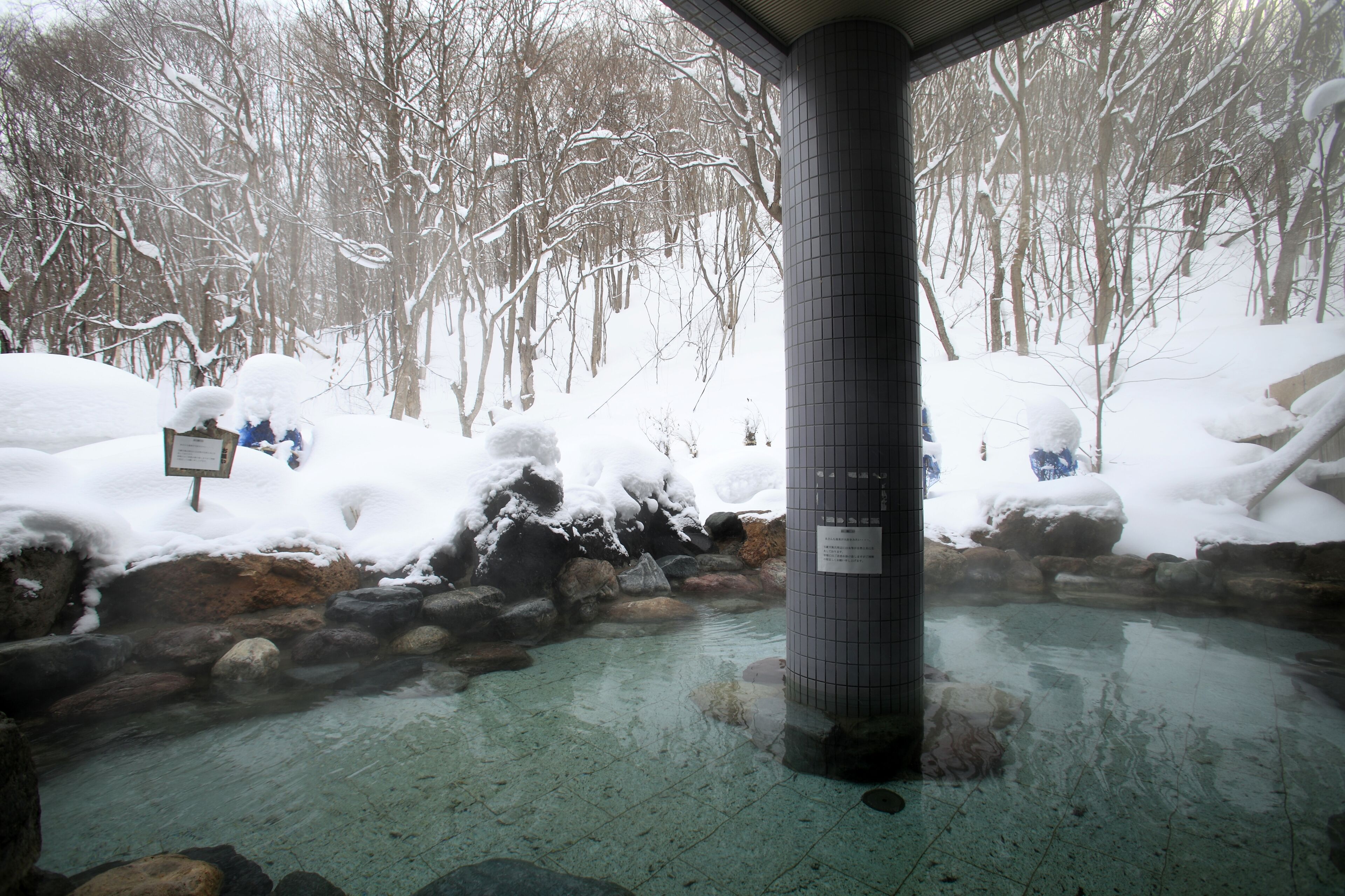 Un área de aguas termales con una piscina de piedra, rodeada de árboles y rocas cubiertas de nieve.