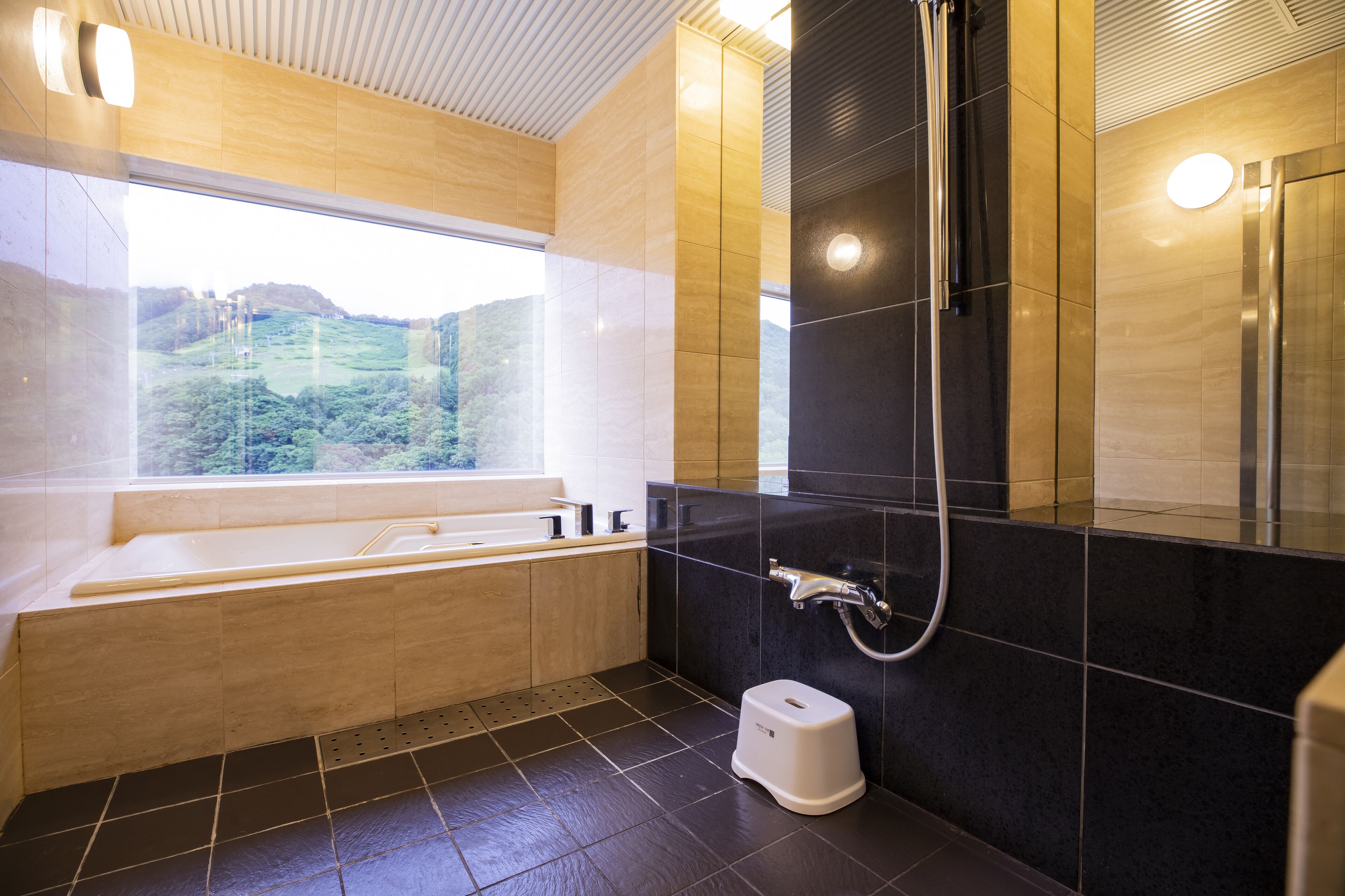 Un baño moderno con bañera, ducha y retrete.