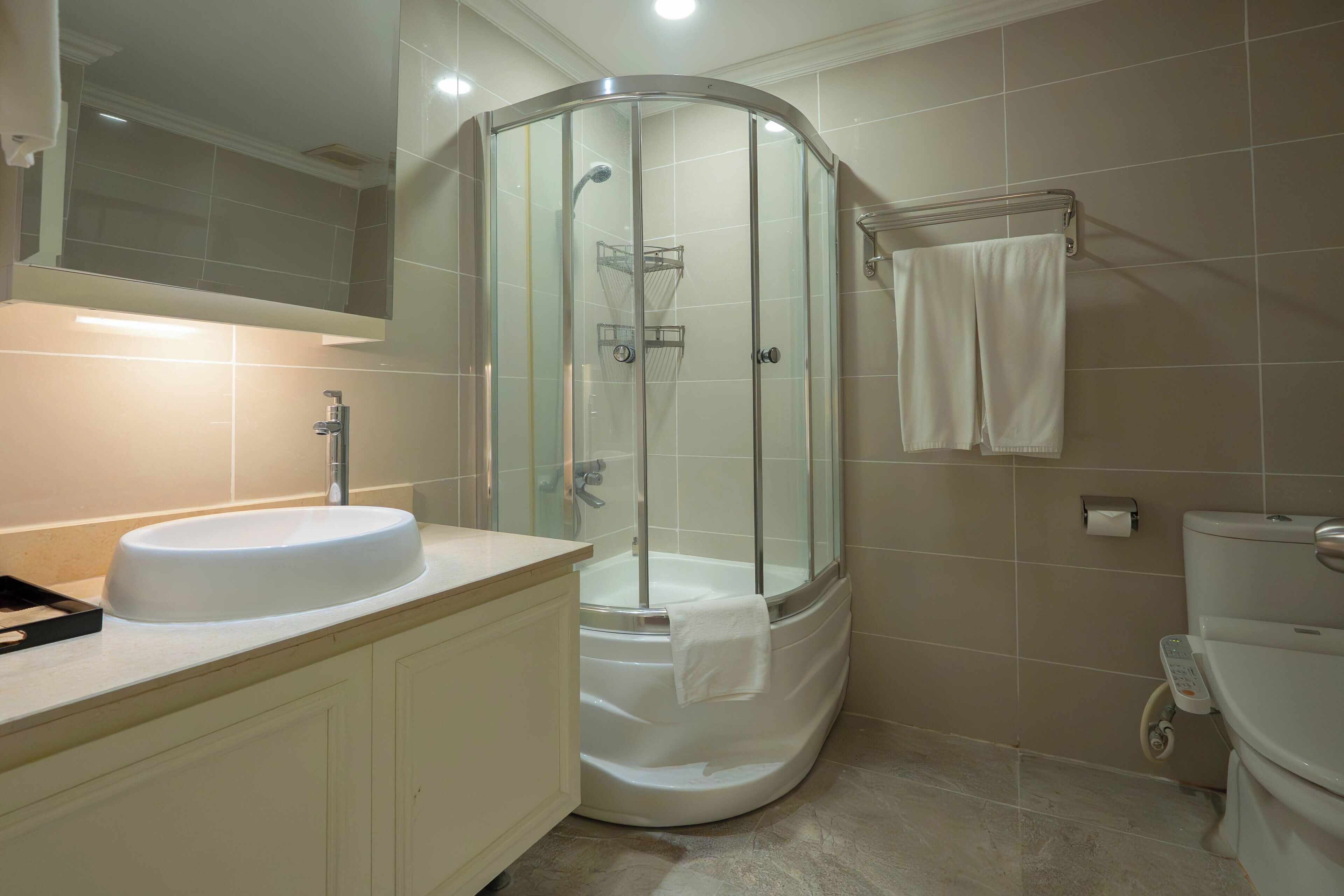 Une salle de bain moderne avec une douche à parois de verre, un lavabo blanc et des toilettes.