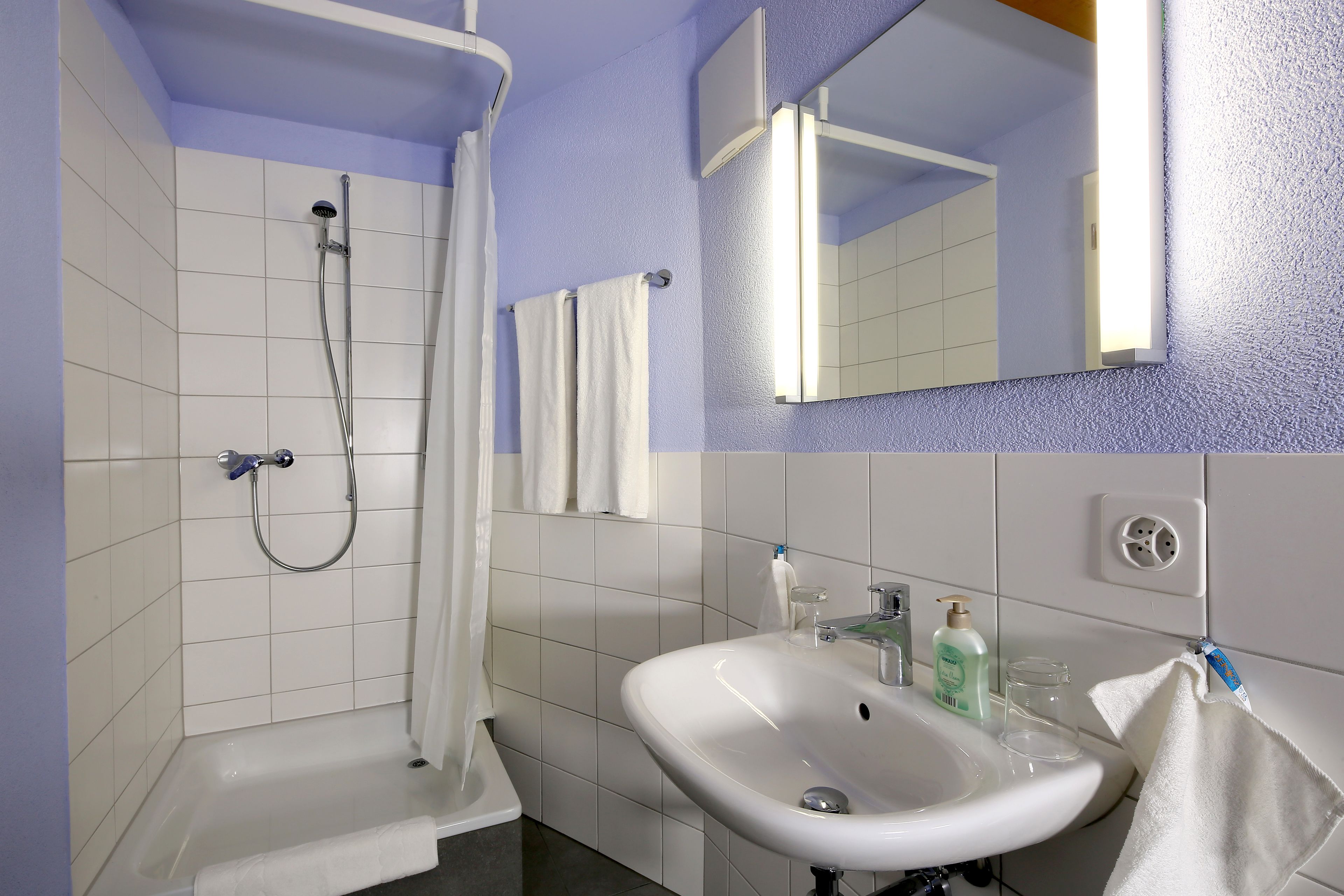 Un baño con ducha, lavabo y espejo.