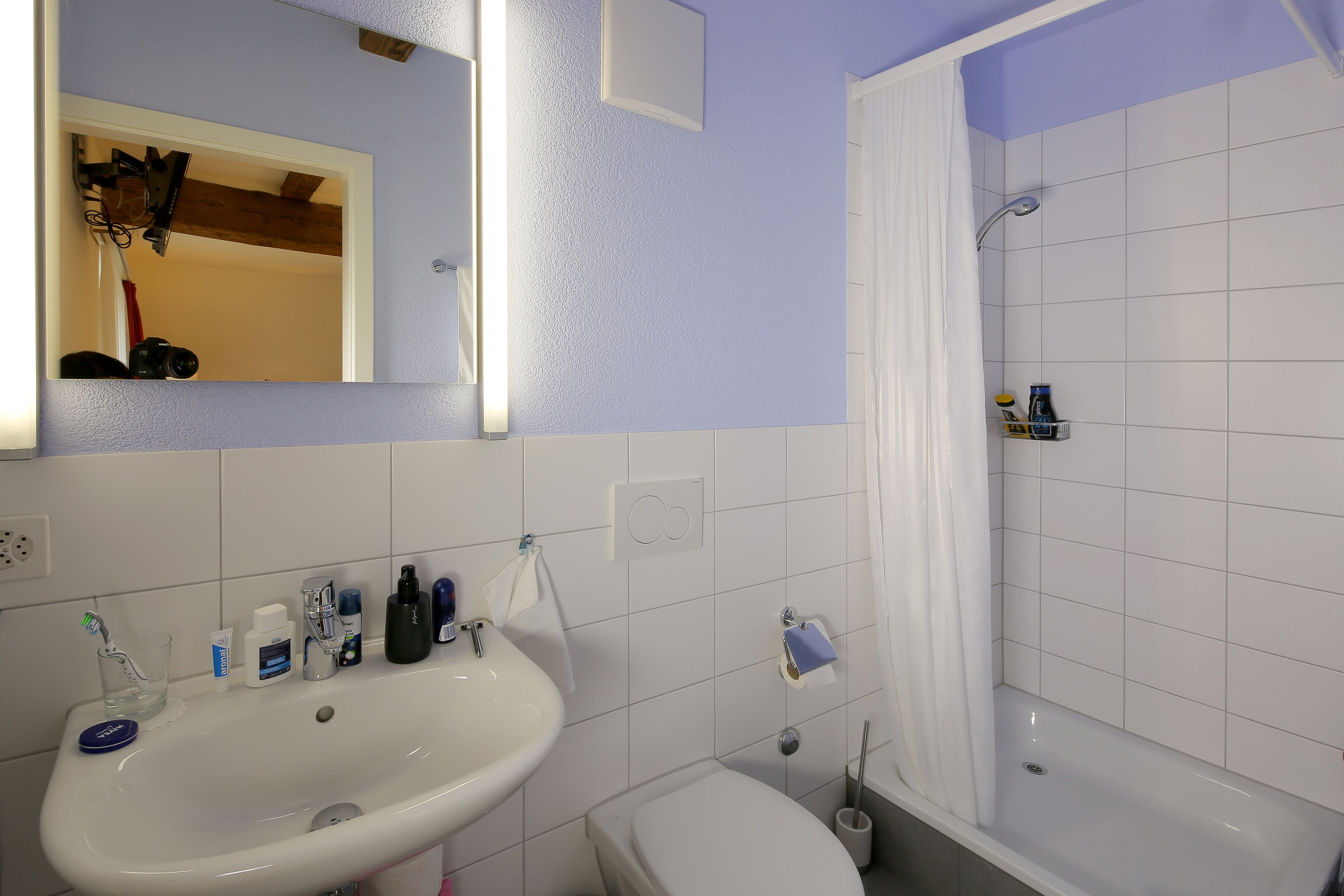 Un baño con lavamanos, inodoro y ducha.
