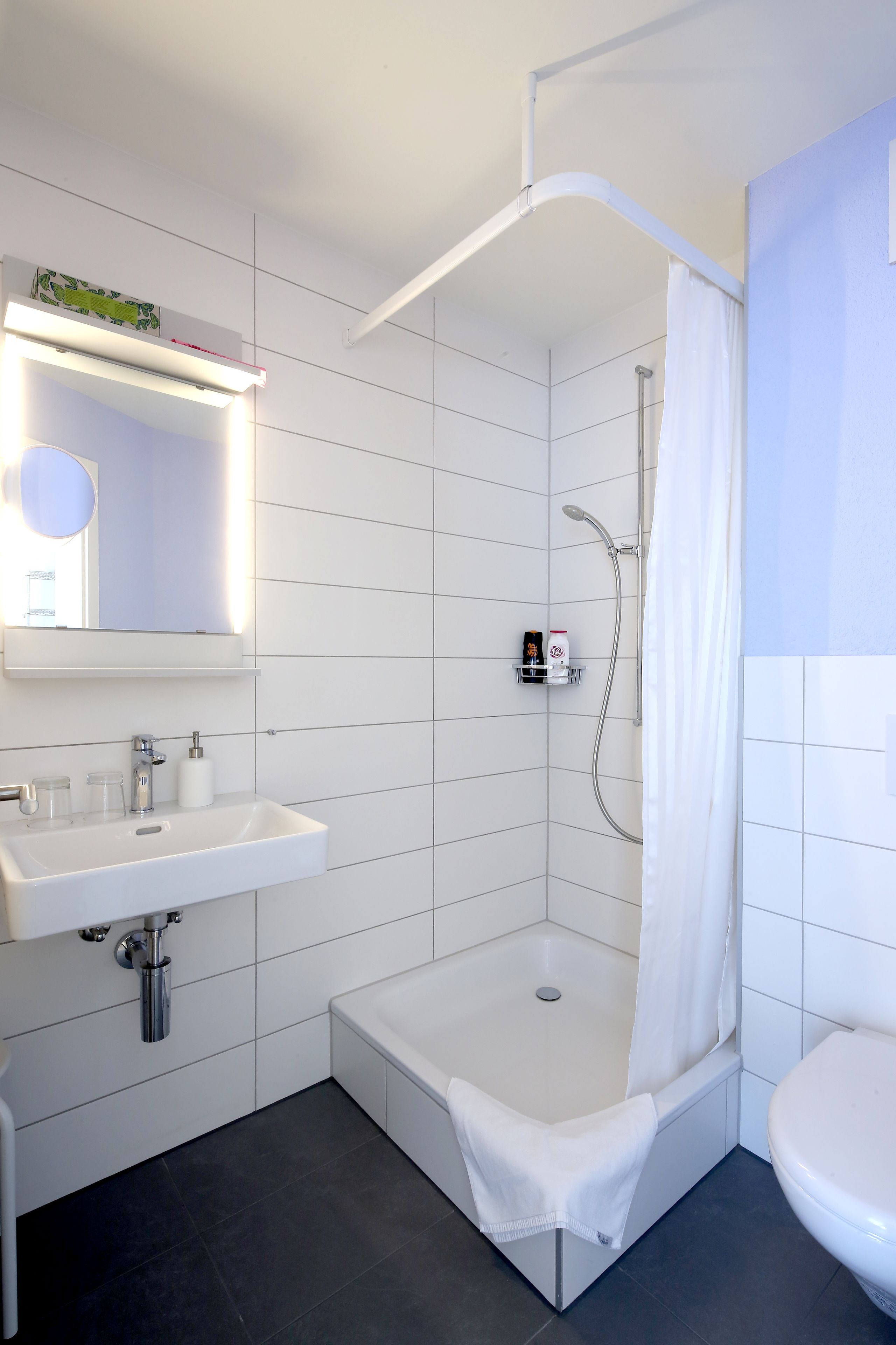 Une salle de bain moderne avec un lavabo blanc, un miroir, une douche et des toilettes.