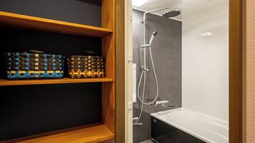 Eco-friendly toiletries, hair dryer, slippers, electronic bidet