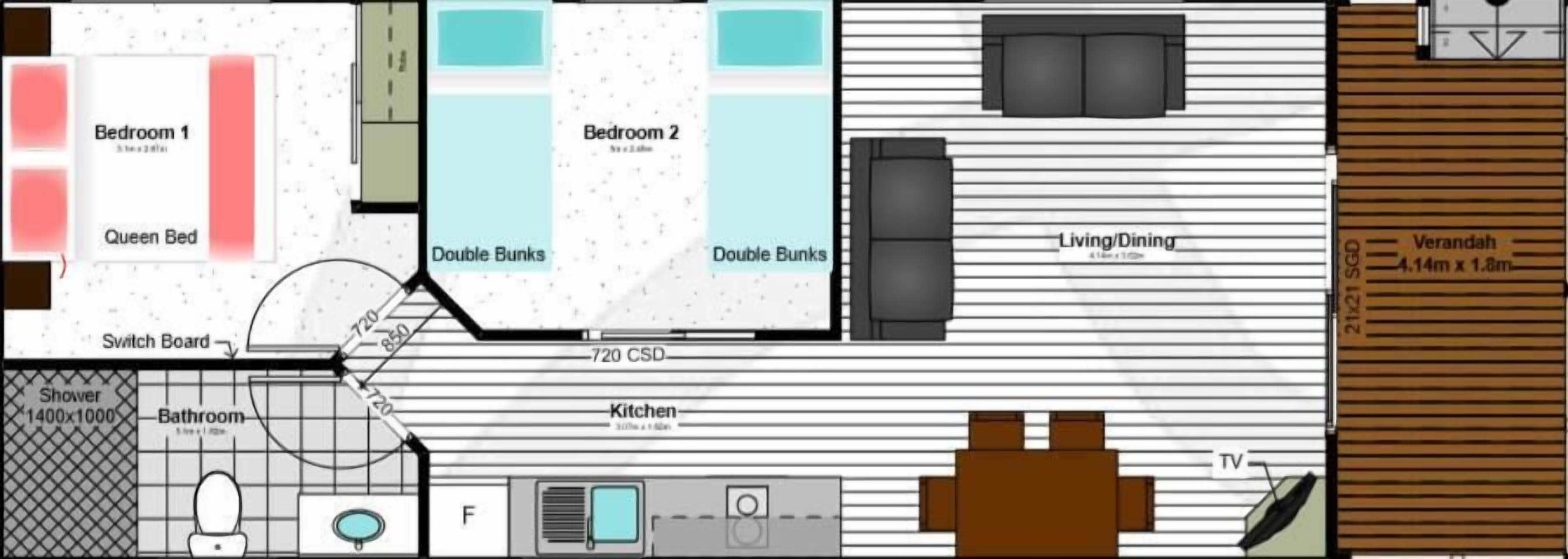 A floor plan of a hotel with two bedrooms, a bathroom, a kitchen, a living/dining area, and a shower.