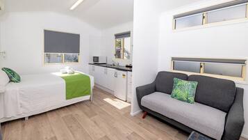 A compact living space with a bed, a sofa, a small kitchenette, and a dining area.