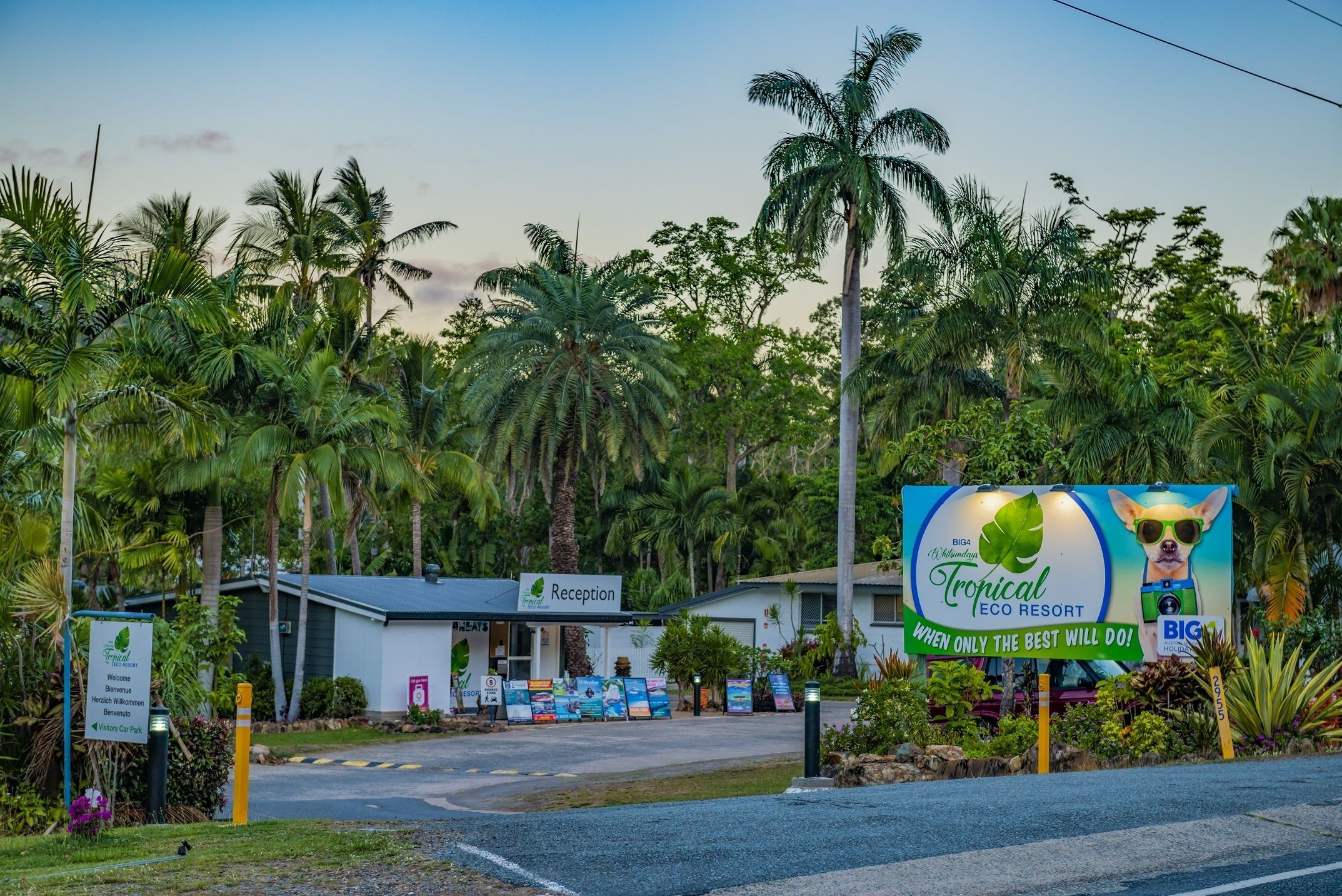 A tropical eco resort with a reception area, palm trees, and a large billboard advertising the resort.