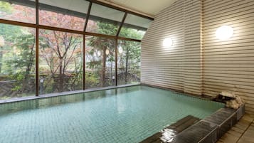 A swimming pool with a view of trees through large windows.