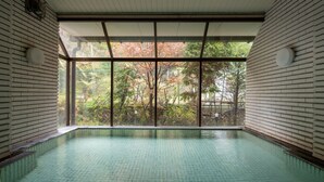 Una piscina interior con vistas a árboles a través de amplios ventanales.