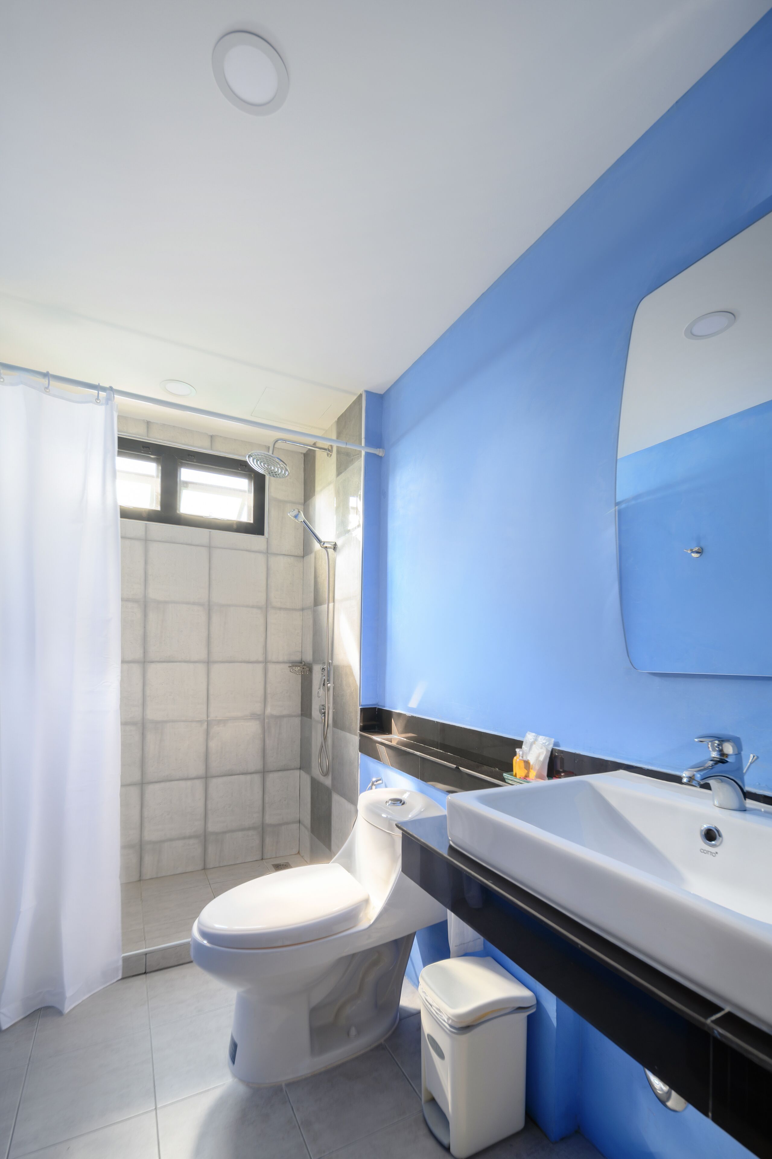 shower, rainfall showerhead, free toiletries, hair dryer