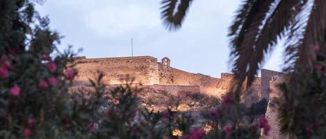 Una fortaleza histórica con una torre destacada, rodeada de vegetación desértica.