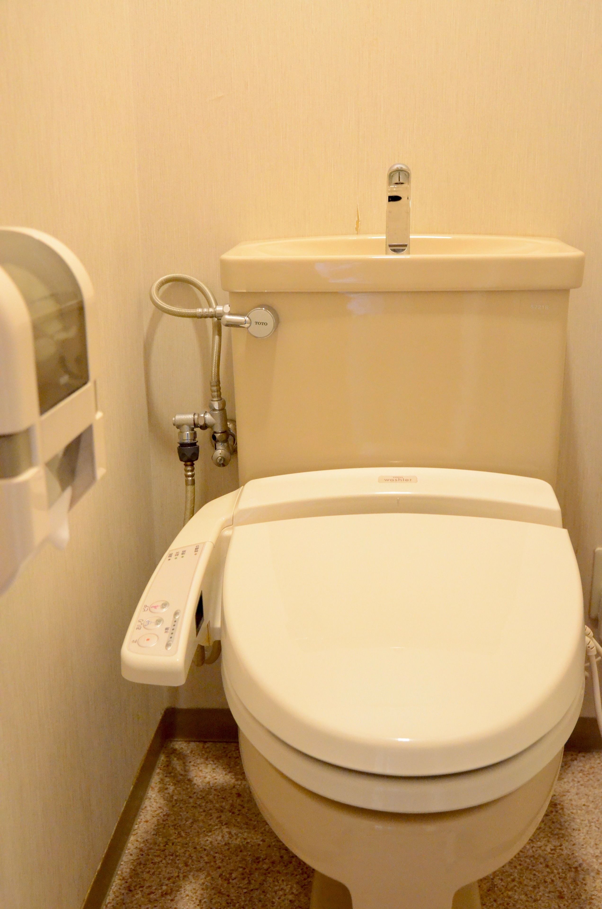 A toilet with a bidet attachment and a control panel.