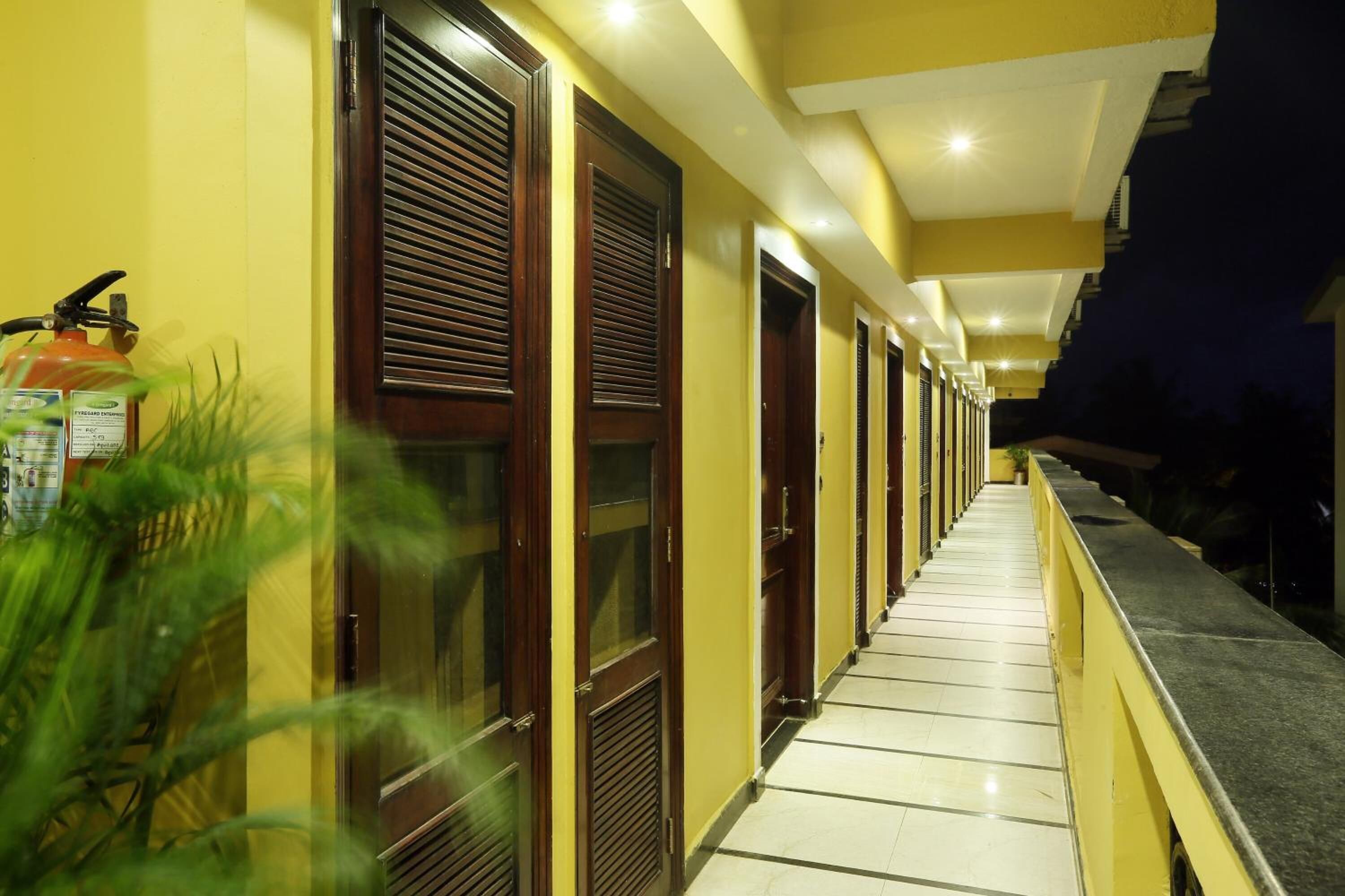 A hotel corridor with doors, a fire extinguisher, and a potted plant.