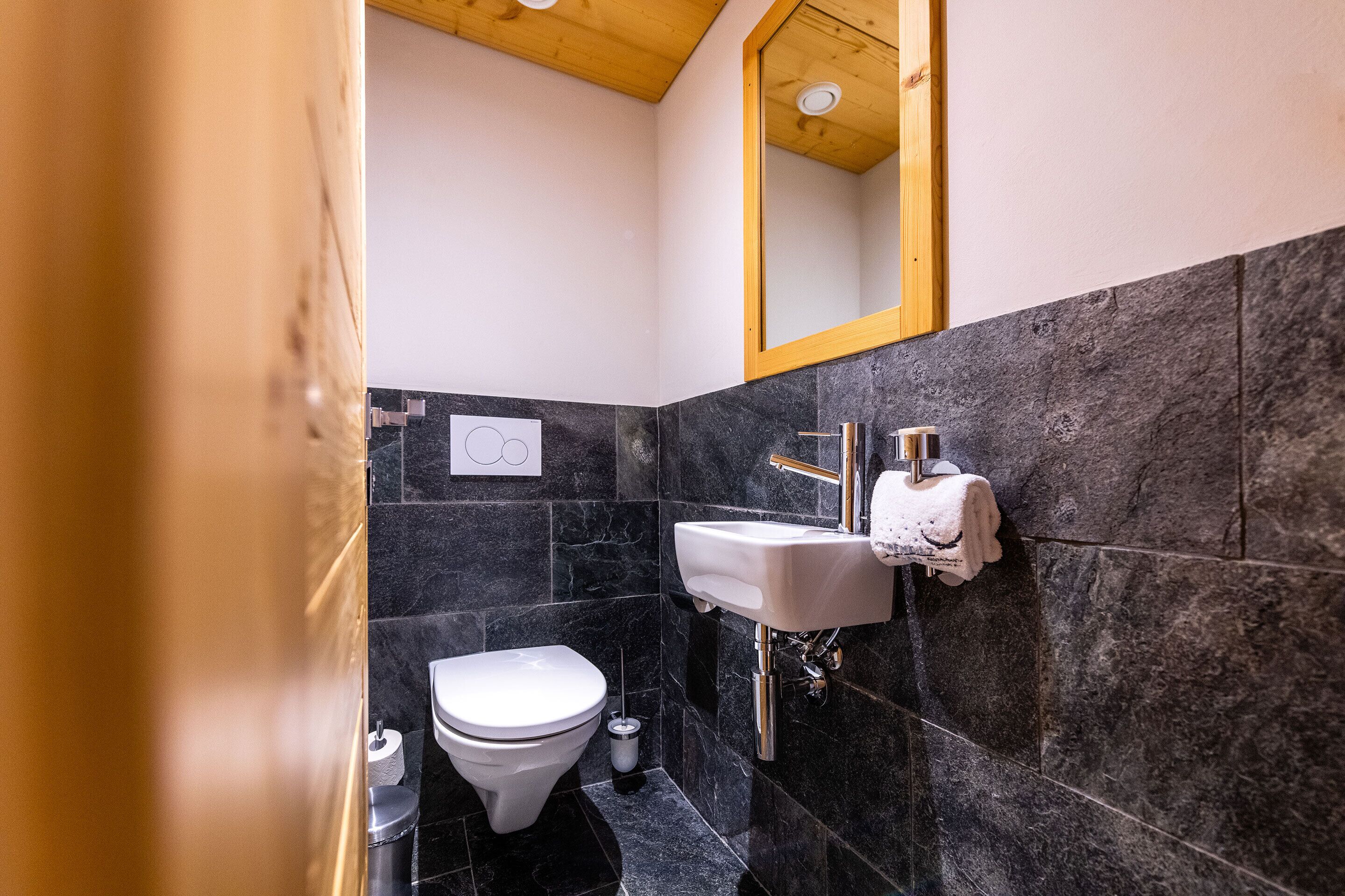 Une salle de bain avec des toilettes, un lavabo et un miroir.