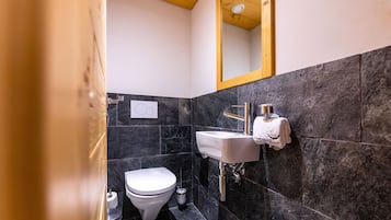 Une salle de bain avec des toilettes, un lavabo et un miroir.