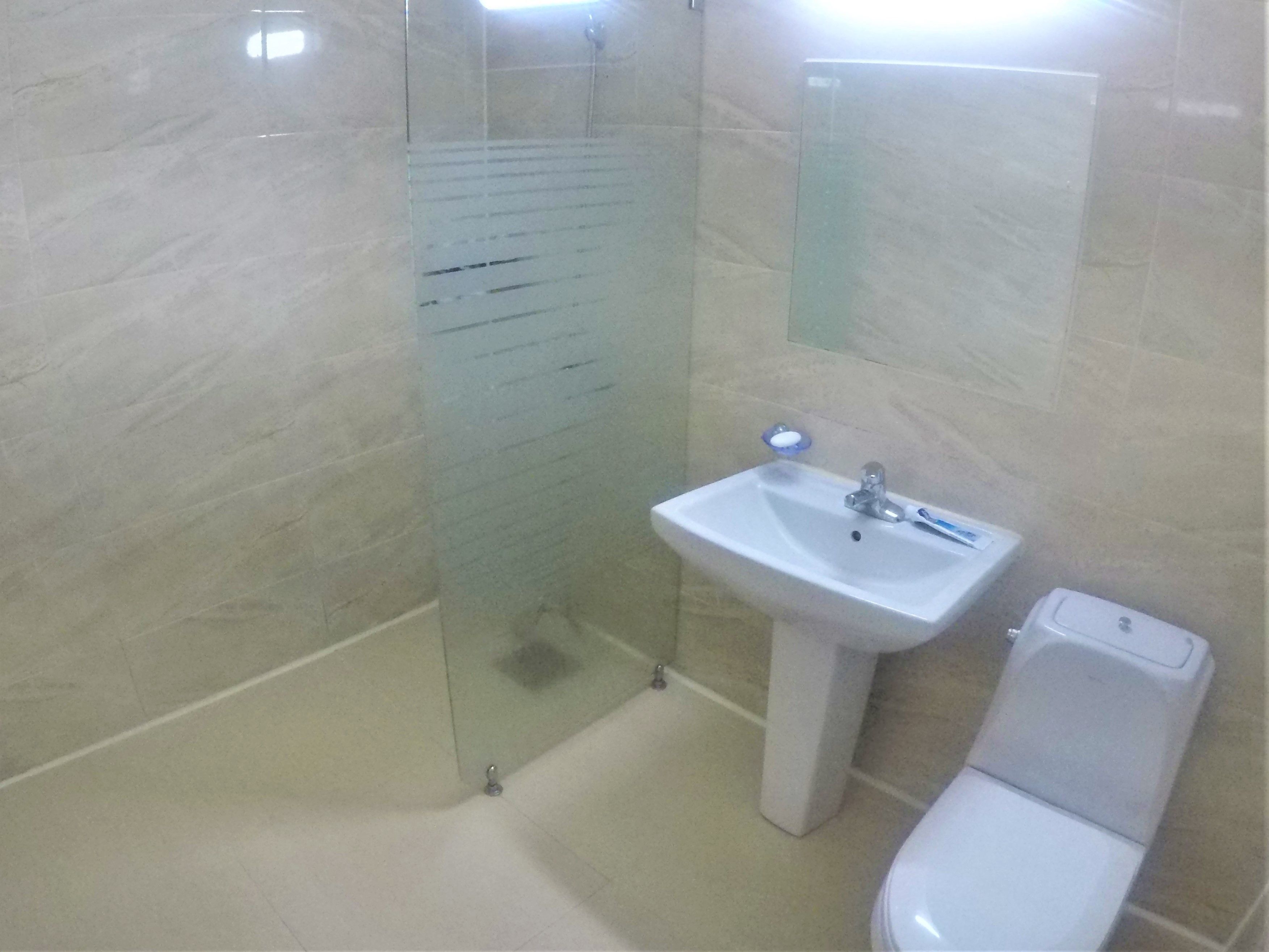 Un baño con cabina de ducha de vidrio, un lavabo blanco y un inodoro.