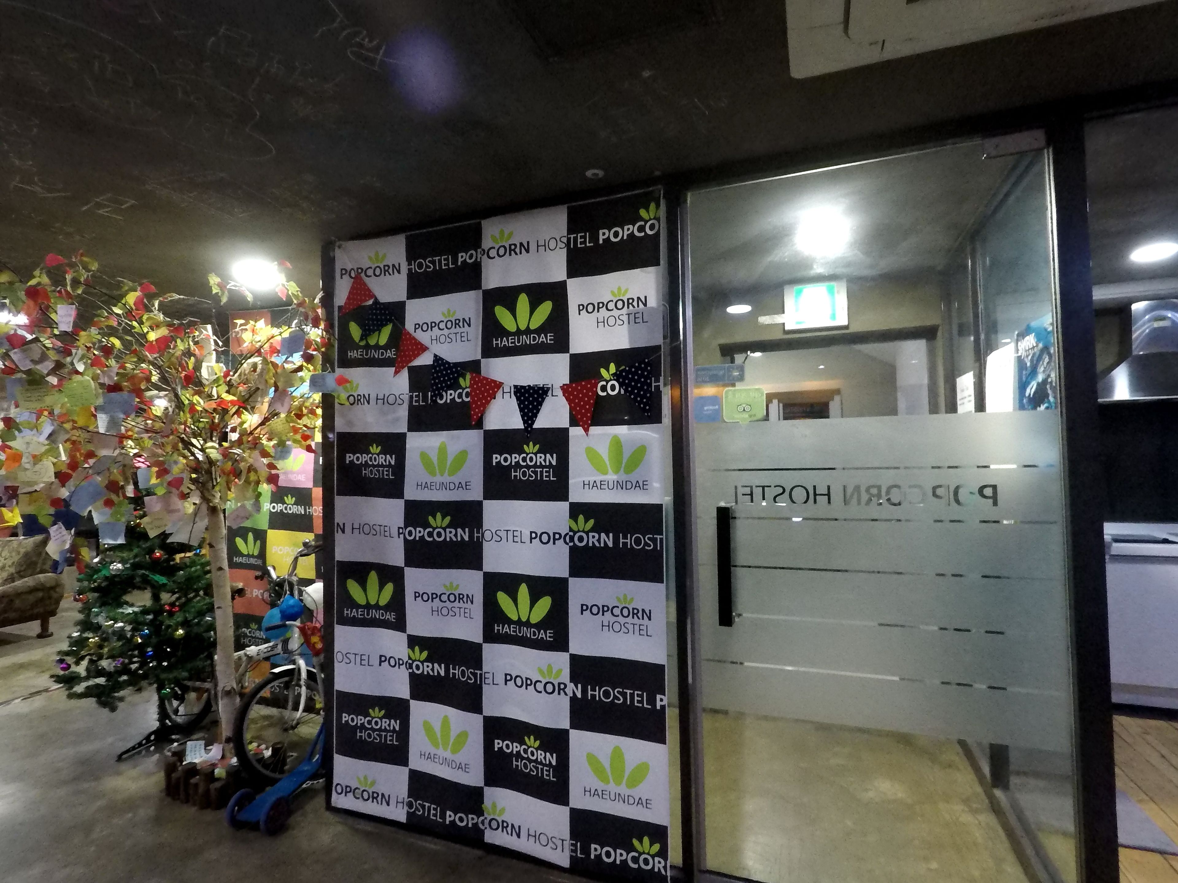 A hostel entrance with a checkered wall featuring 'Popcorn Hostel' branding and 'Haeundae' logos.