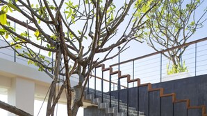 Un espacio de comedor al aire libre con mesas y sillas de madera, una escalera y un árbol.