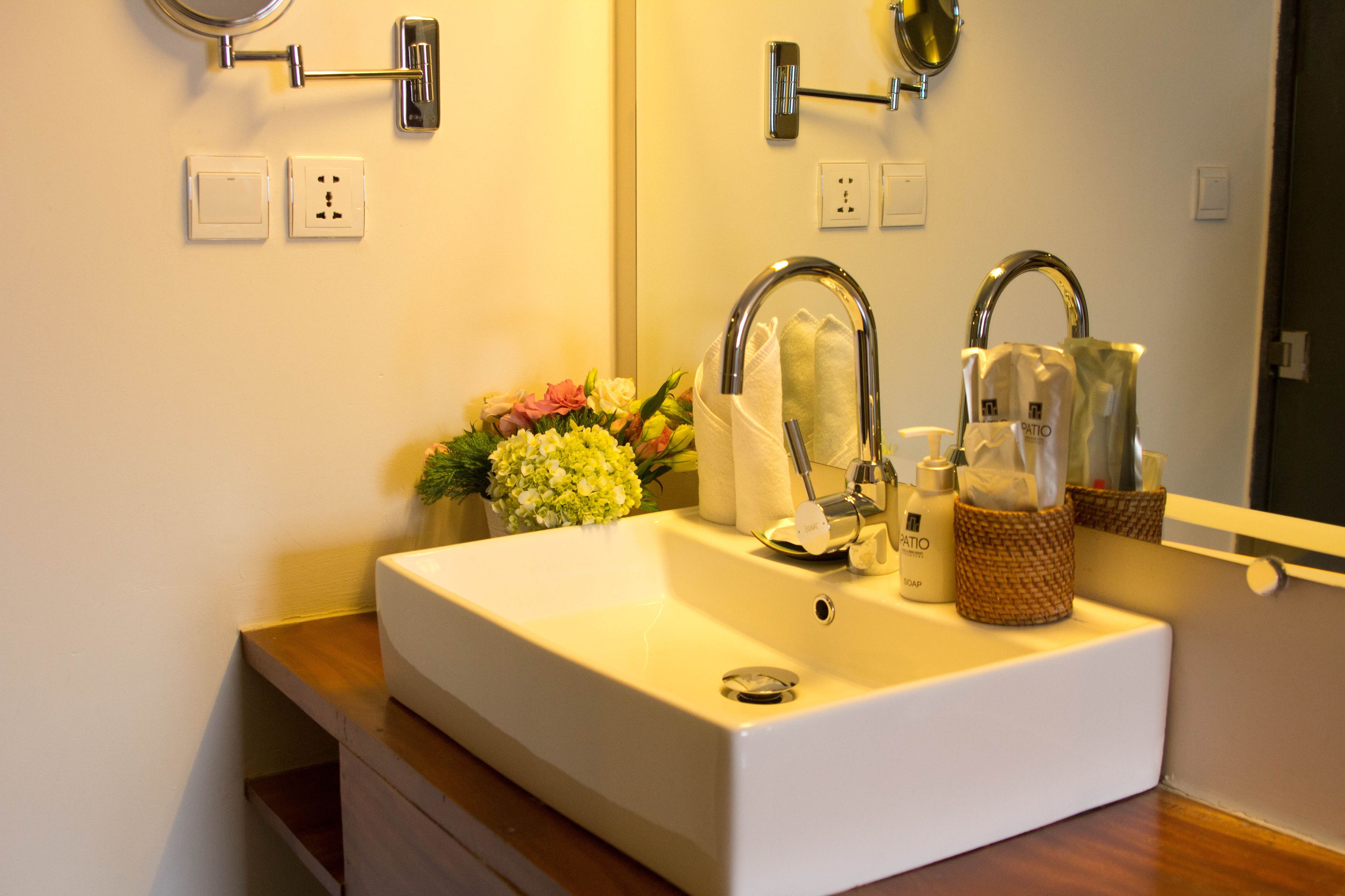 free toiletries, hair dryer, slippers, towels