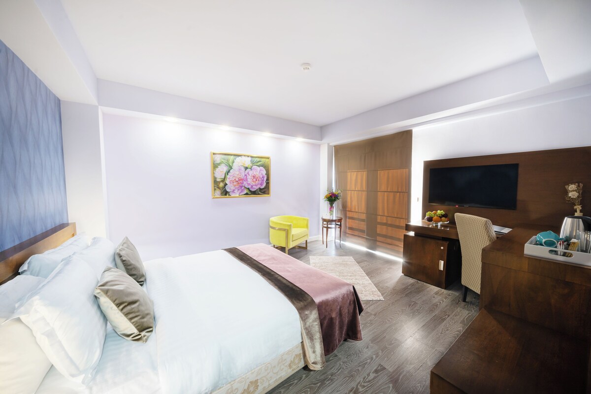 Una habitación de hotel moderna con cama, escritorio, televisión y una silla.