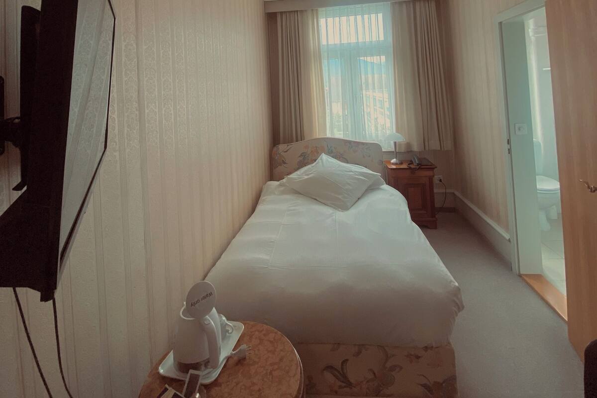 Une chambre d’hôtel avec un grand lit, une table de chevet avec une lampe, un téléviseur fixé au mur et une fenêtre avec des rideaux.