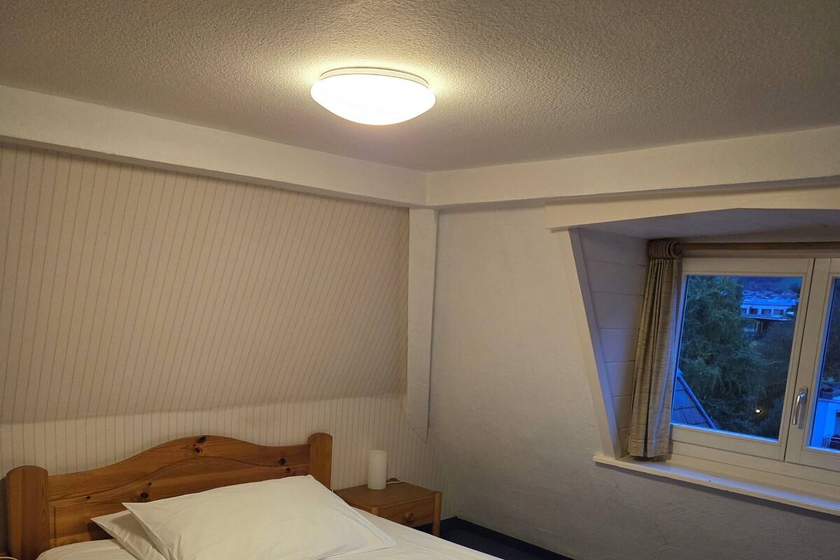 Une chambre à coucher avec un lit en bois, une table de chevet, une fenêtre donnant sur un beau paysage et un luminaire au plafond.