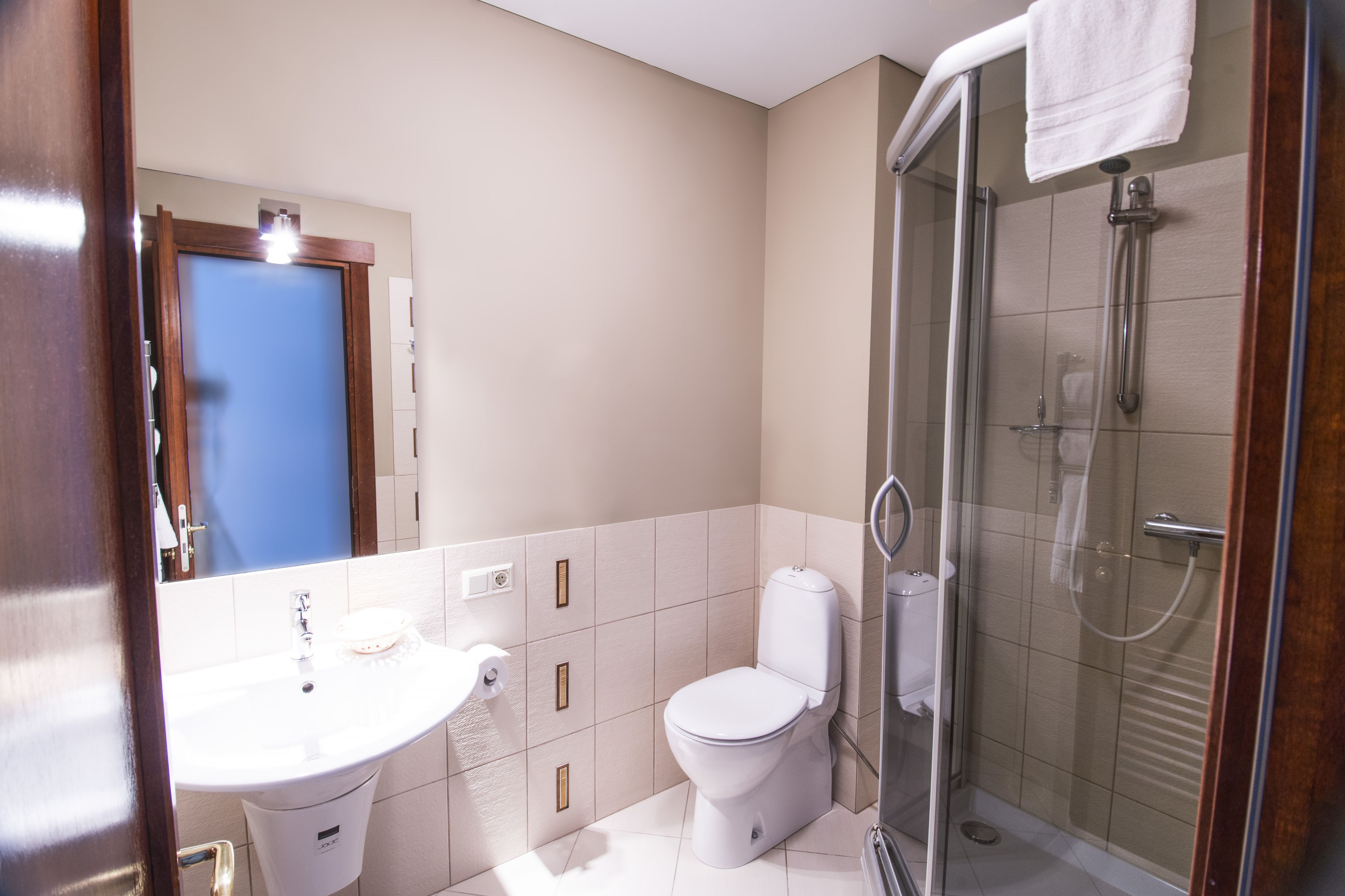 A bathroom with a sink, toilet, and glass-enclosed shower area.