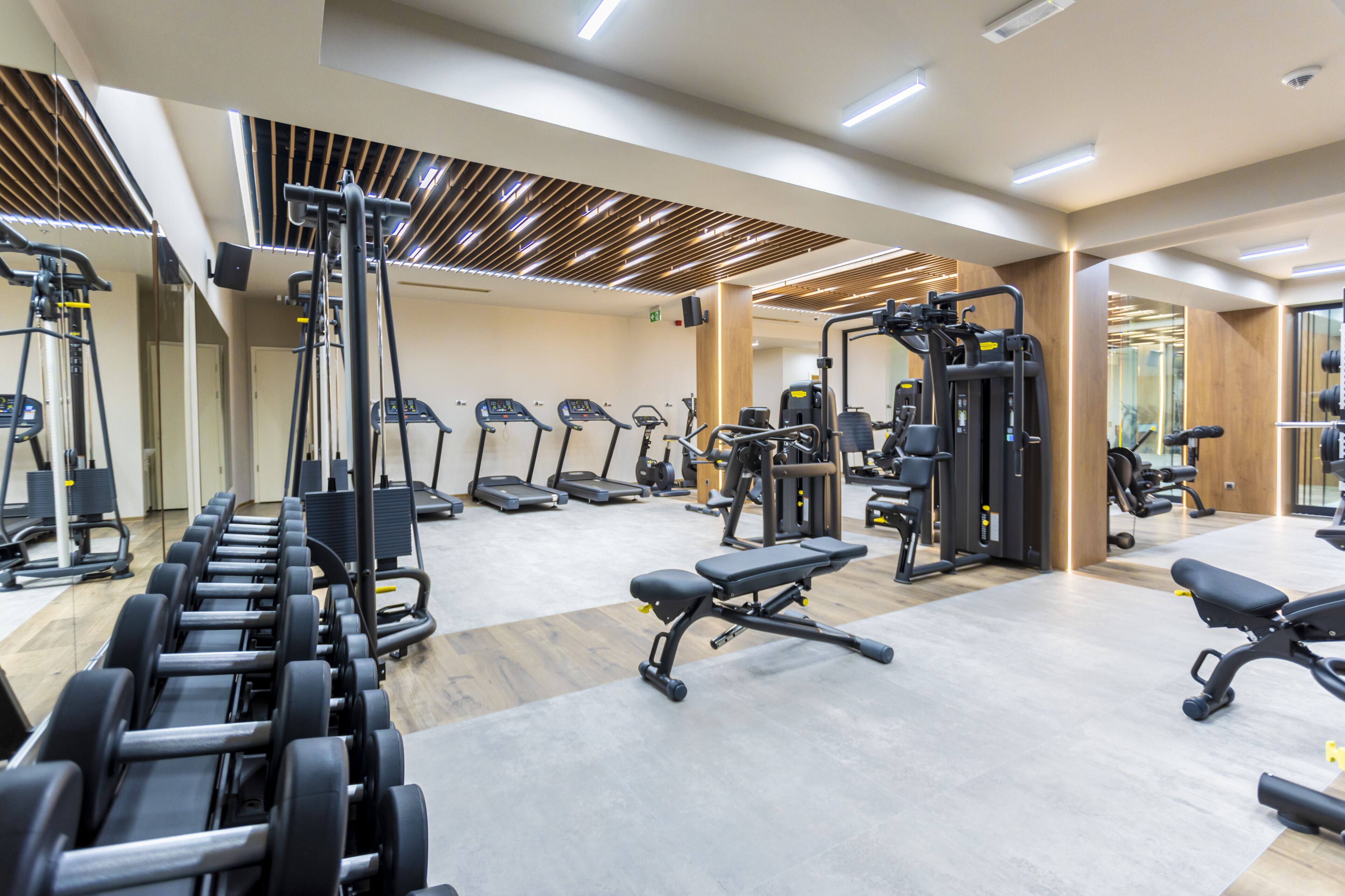 A modern gym with various exercise equipment, including treadmills, weight machines, and free weights.