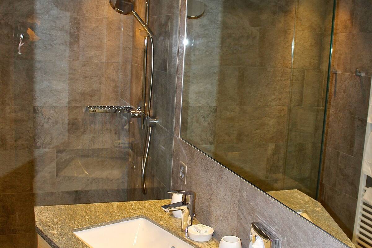 deluxe double room | bathroom | shower, free toiletries, hair dryer, towels