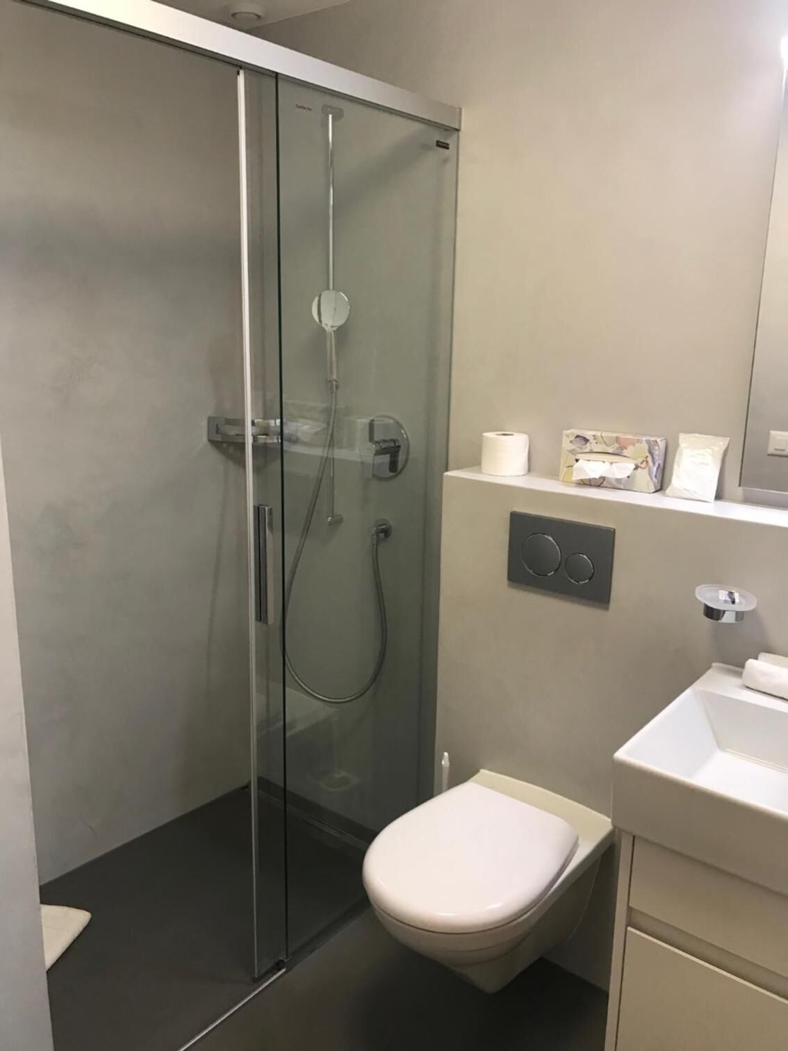 Ein modernes Badezimmer mit einer Duschkabine, einer Toilette und einem Waschbecken mit Spiegel darüber.
