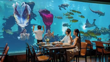 An underwater aquarium with various fish and a large jellyfish display.