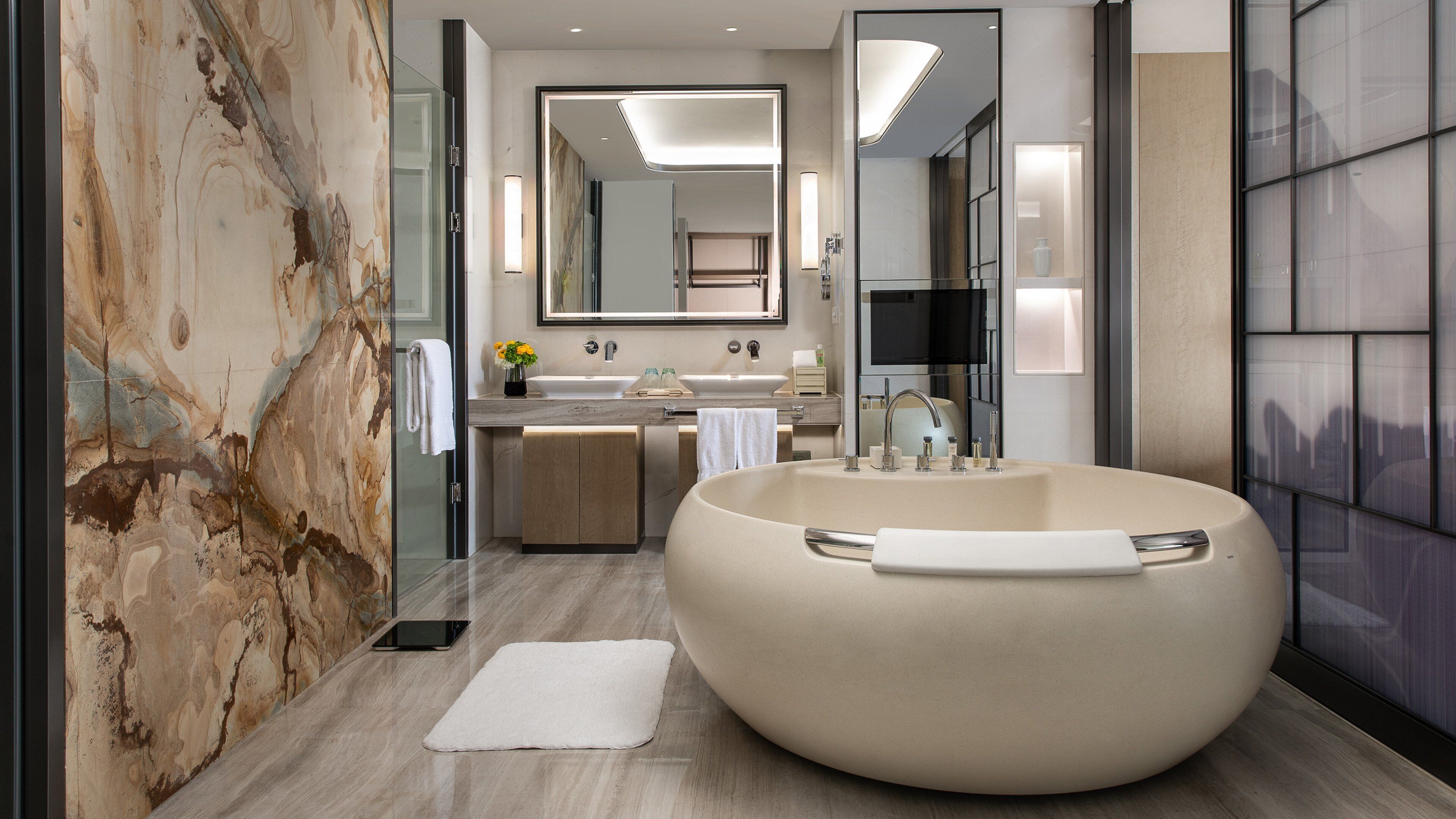 combined shower/bathtub, free toiletries, hair dryer, bathrobes