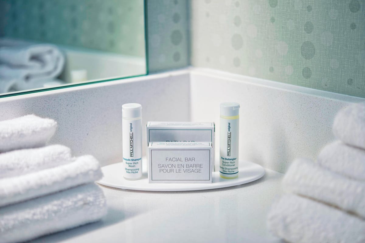 free toiletries, hair dryer, towels