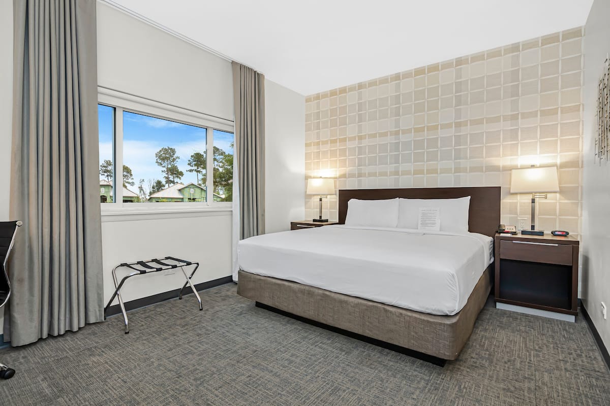 A hotel room with a large bed, two bedside tables with lamps, a window with curtains, and a view of trees and houses outside.