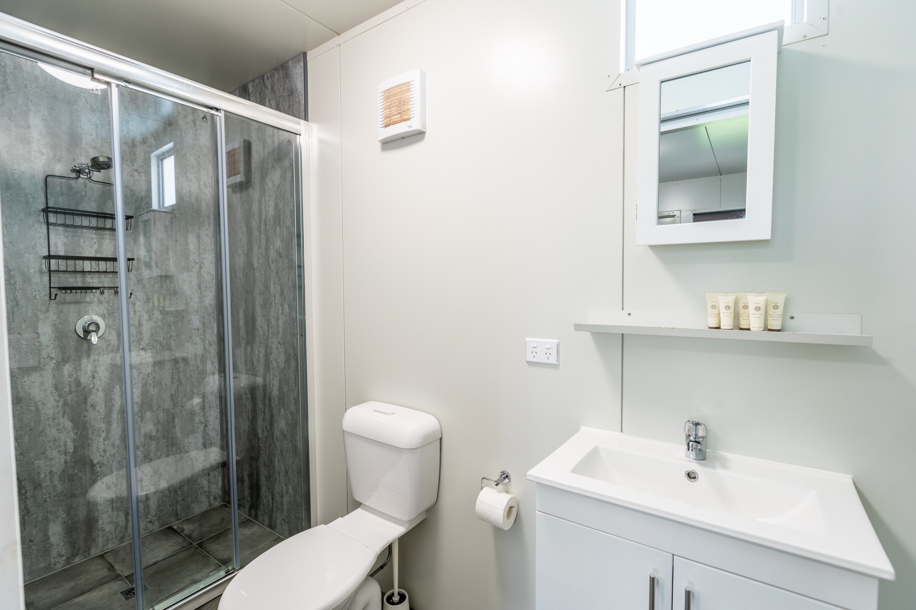 A bathroom with a glass shower enclosure, a toilet, a sink, and a mirror above the sink.