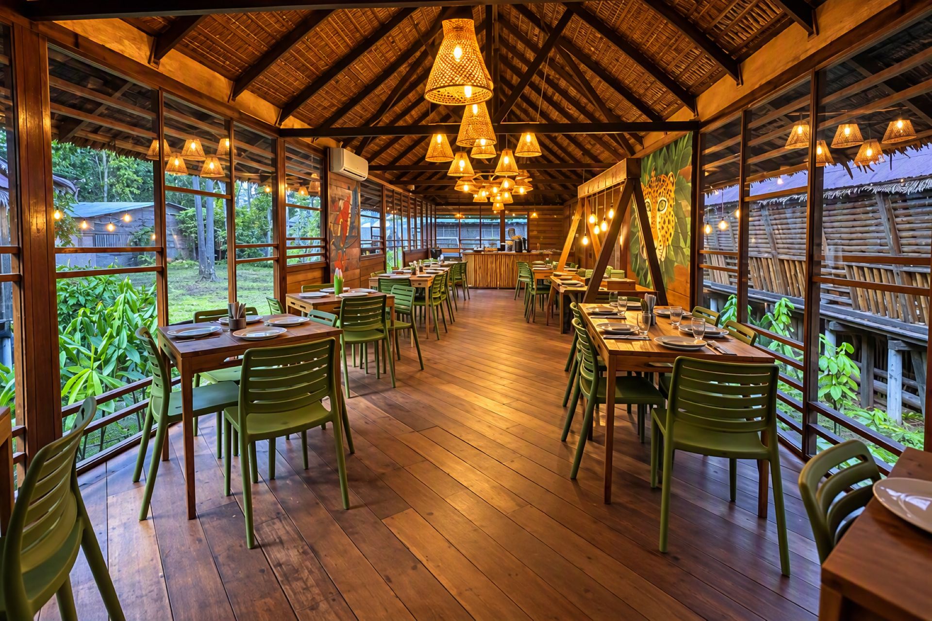 Un comedor interior con mesas y sillas de madera, ventanas amplias y lámparas colgantes.