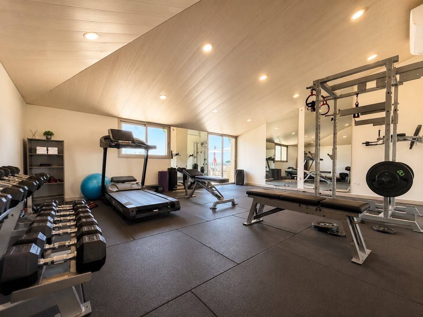 A gym with treadmills, weight benches, dumbbells, and a squat rack.