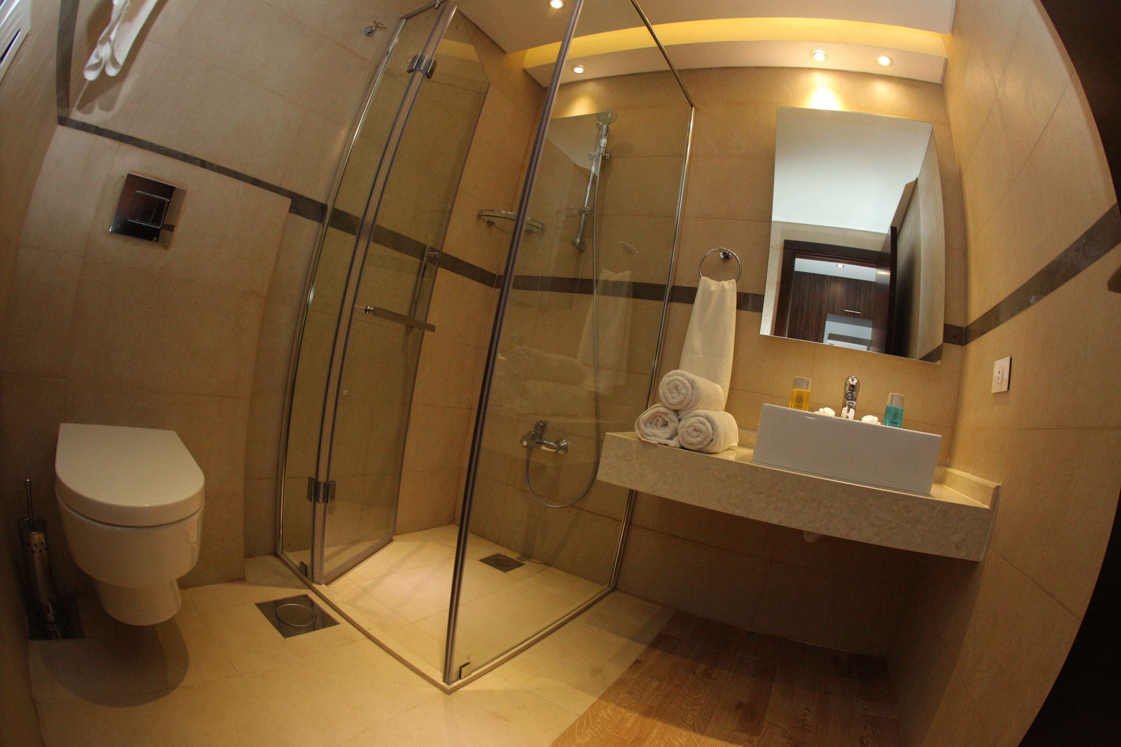 deluxe room | bathroom | shower, rainfall showerhead, free toiletries, hair dryer