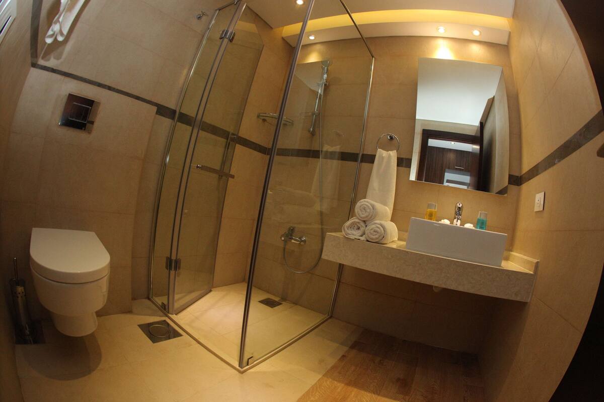 deluxe room | bathroom | shower, rainfall showerhead, free toiletries, hair dryer