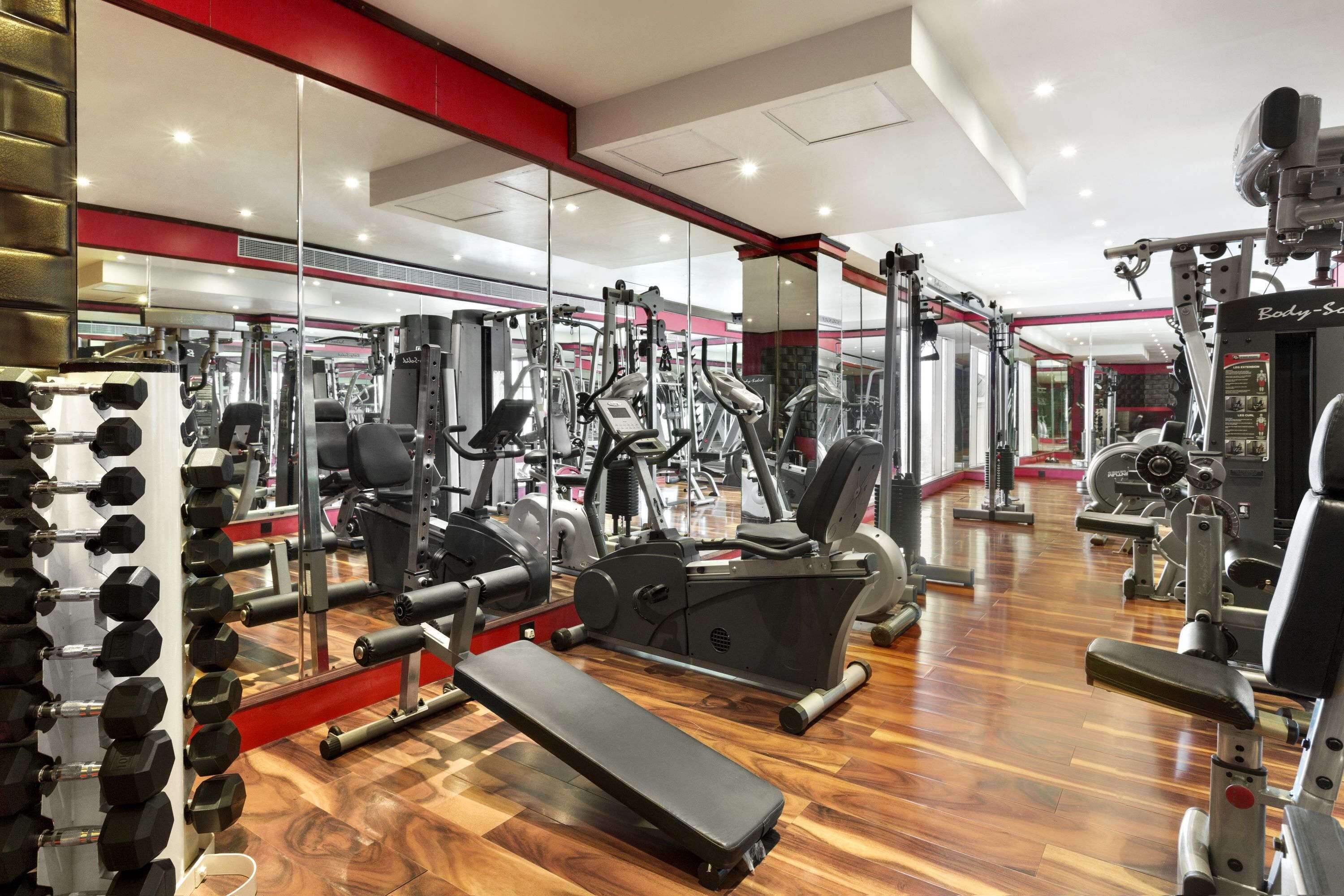 Uma academia com diversos equipamentos de exercícios, incluindo halteres, um banco e máquinas de cardio.