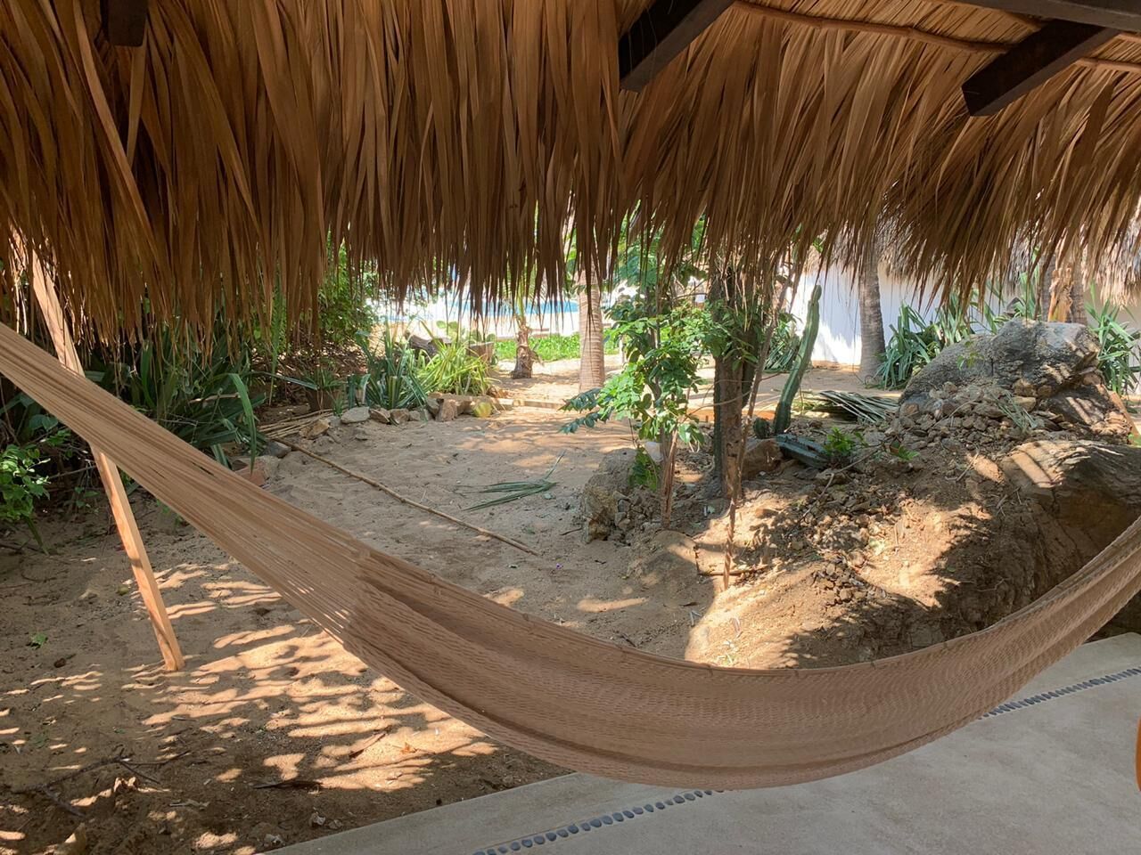 Una hamaca bajo techo de paja, rodeada de plantas y una zona arenosa.