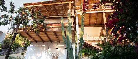A building with a wooden roof, stone steps, and cacti.