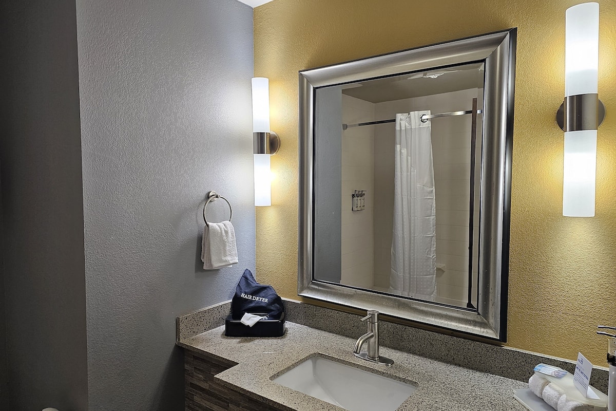 combined shower/bathtub, free toiletries, hair dryer, towels