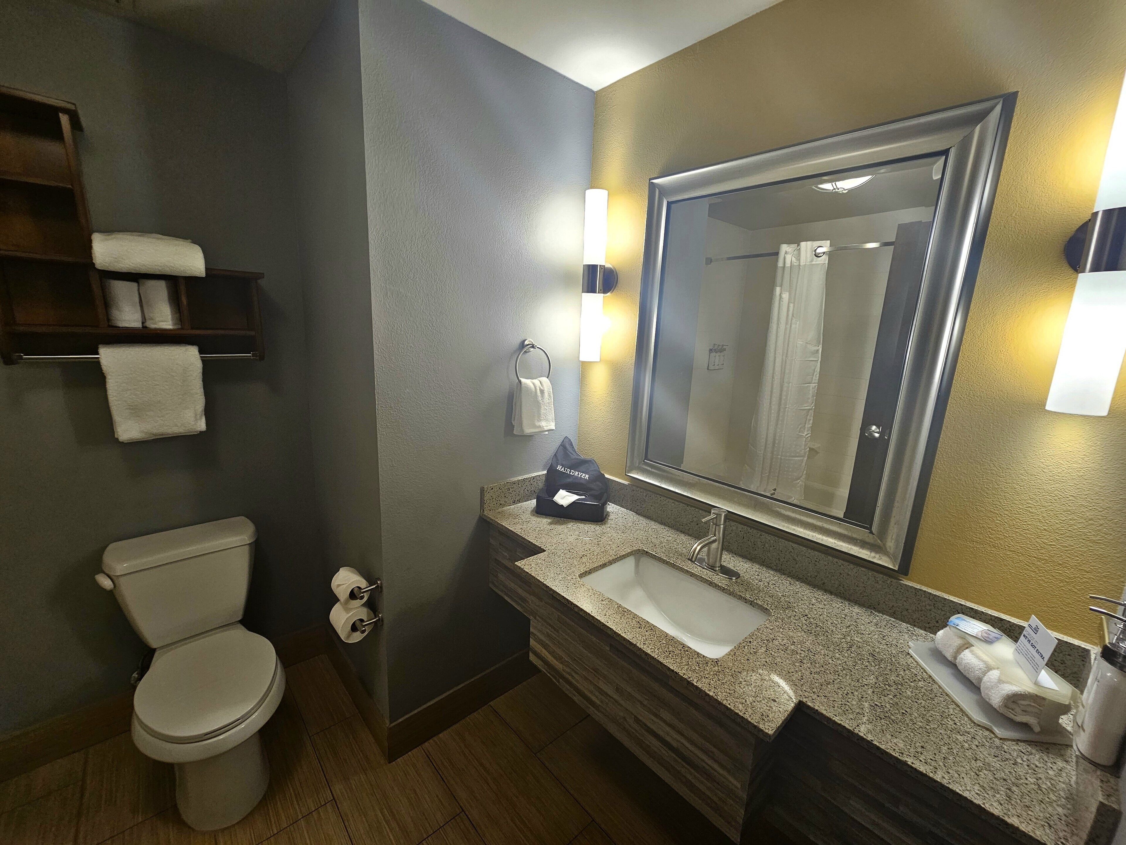 combined shower/bathtub, free toiletries, hair dryer, towels