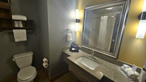 Ein Badezimmer mit Toilette, Waschbecken und Spiegel.